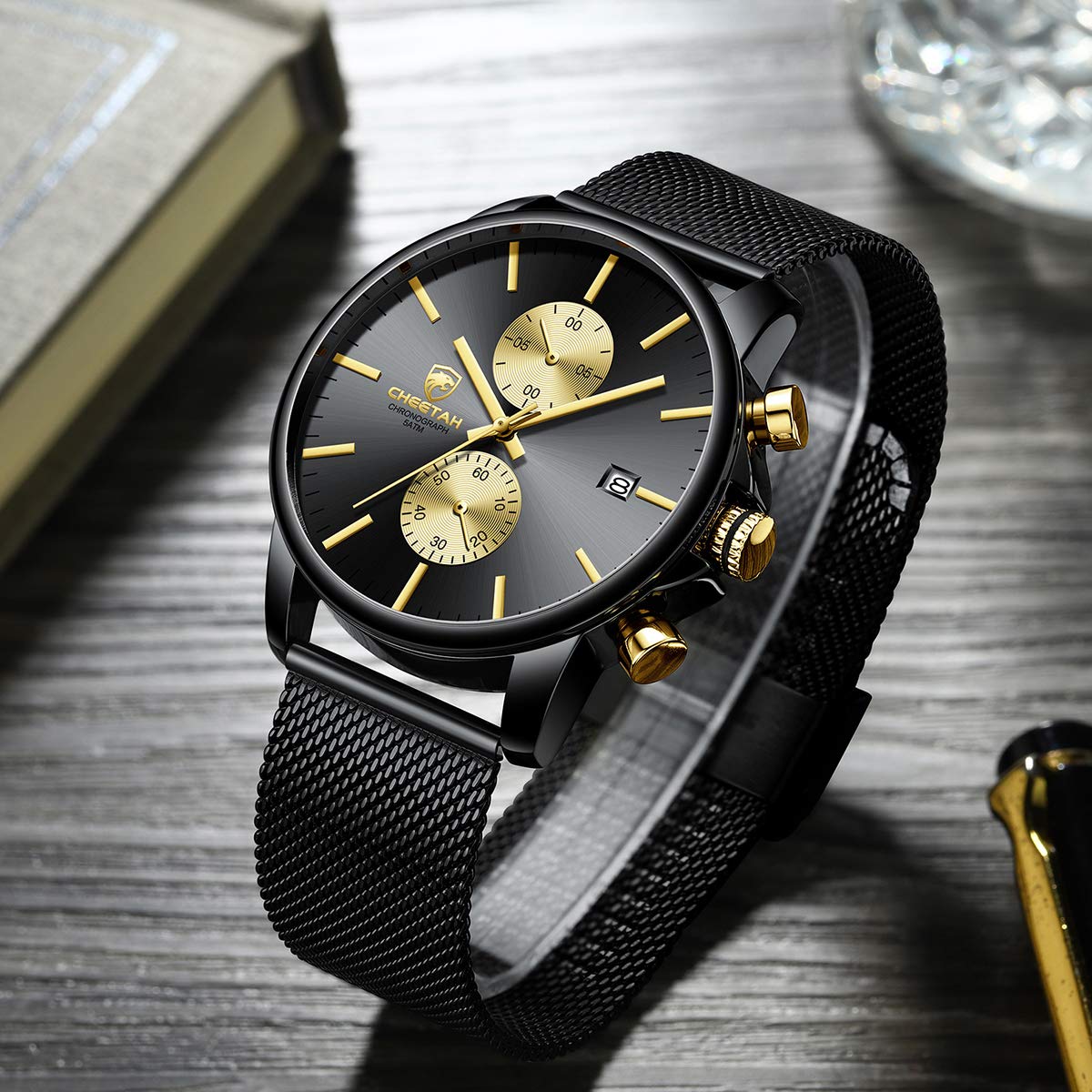 GOLDEN HOUR Orologi da polso da uomo, alla moda, sportivi, analogici, al quarzo, in acciaio inox, impermeabile, cronografo, data automatica