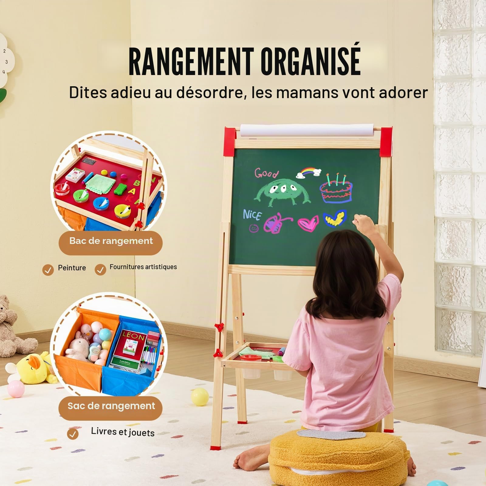 VEVOR Chevalet d'Art Enfants 3-en-1 Tableau Magnétique Blanc Noir Double Face, Planche à Dessin Bois Debout Réglable, Accessoires, Rangement, Support Rouleau Papier, pour Créativité, Garçons, Filles