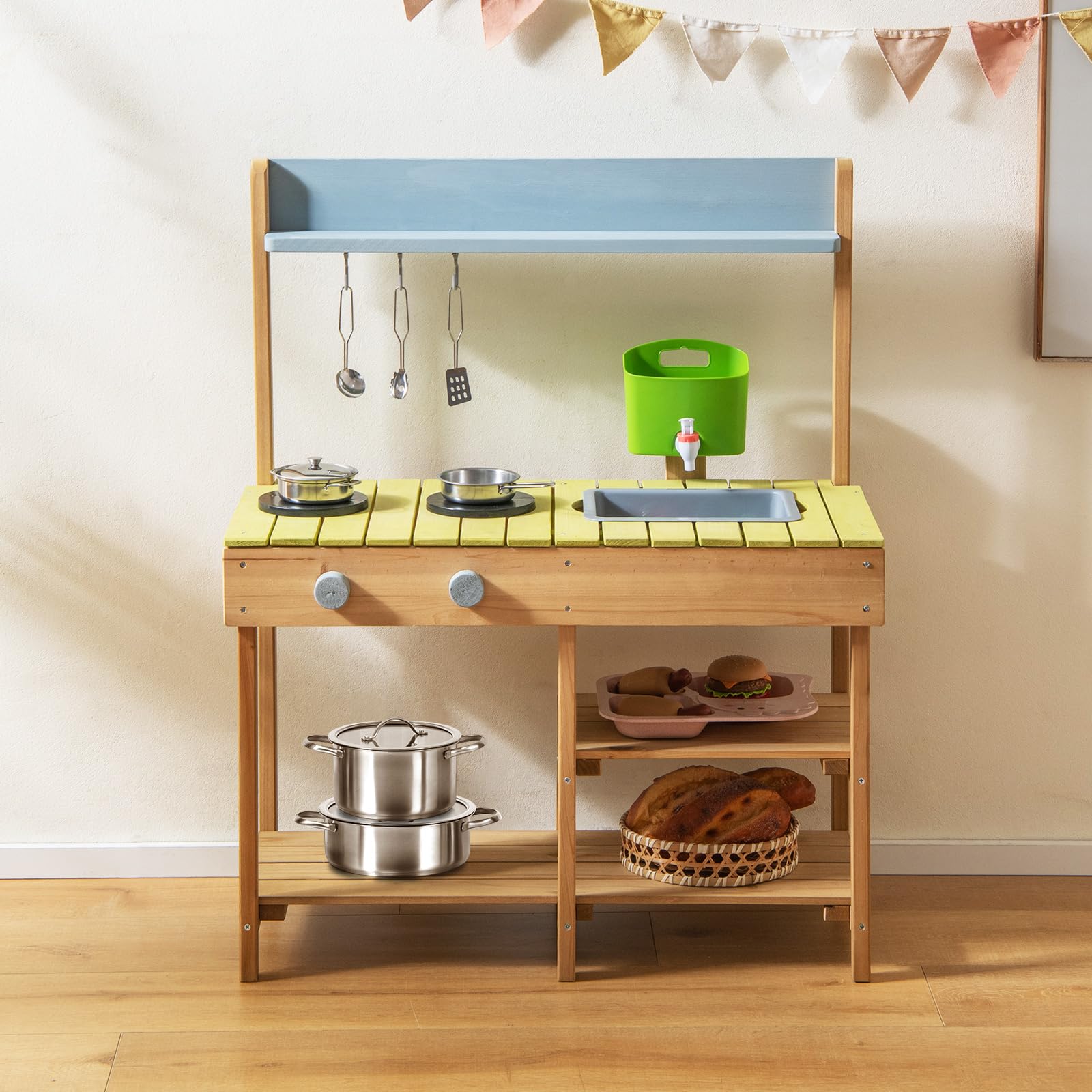 COSTWAY Cucina Giocattolo per Giardino in Legno di Abete, Cucina per Bambini con Serbatoio dell'Acqua e Lavello Rimovibili, 3 Ripiani Aperti, Funzione Suoni, per Bambini 3+ Anni (Naturale)