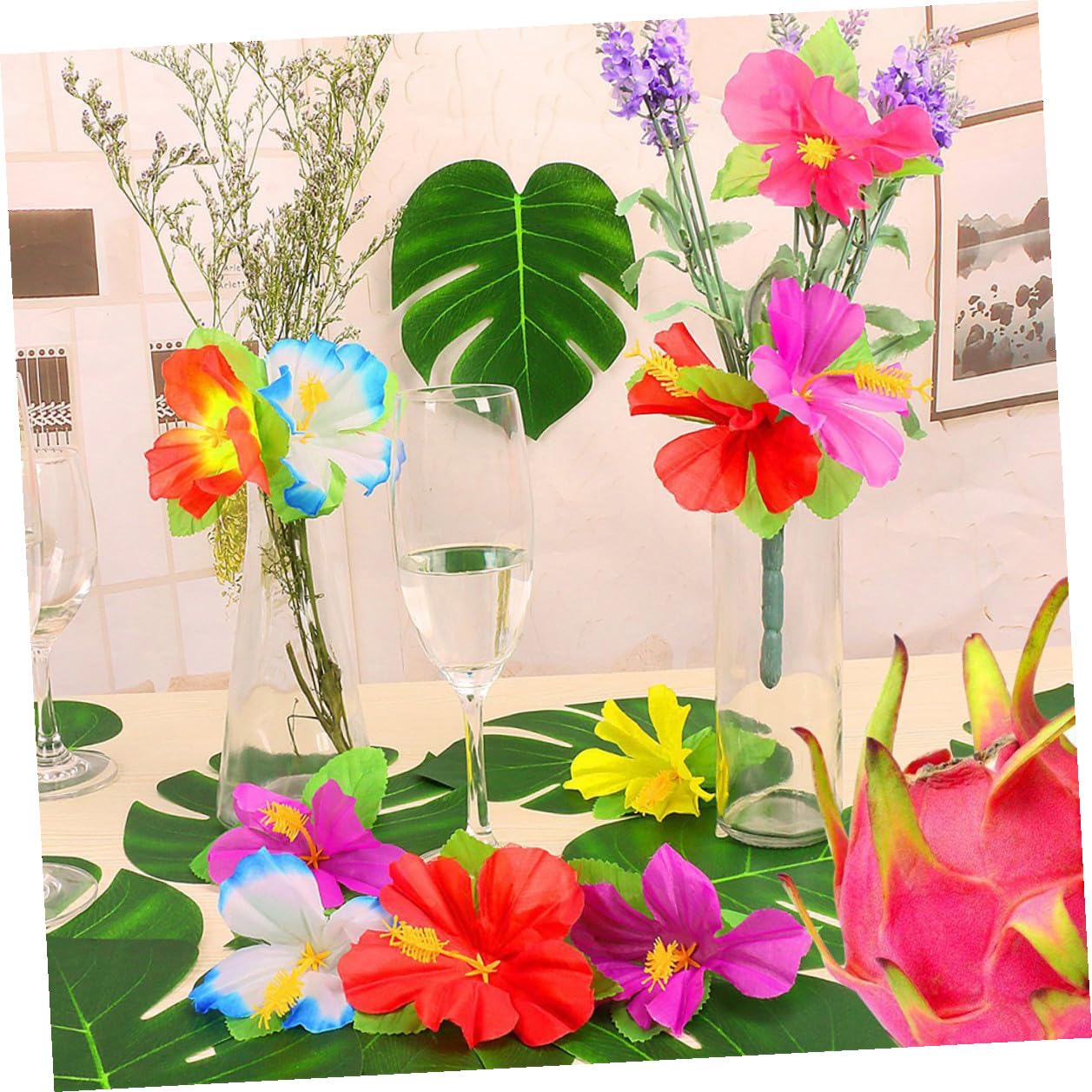 Tofficu 72 Stück Künstliche Tropische Blumen mit Blütenköpfen für Bastelarbeiten und Hawaii Kunstblumen als Sommerfest Dekoration und Fotorequisiten aus Stoff Zufällige Farbe