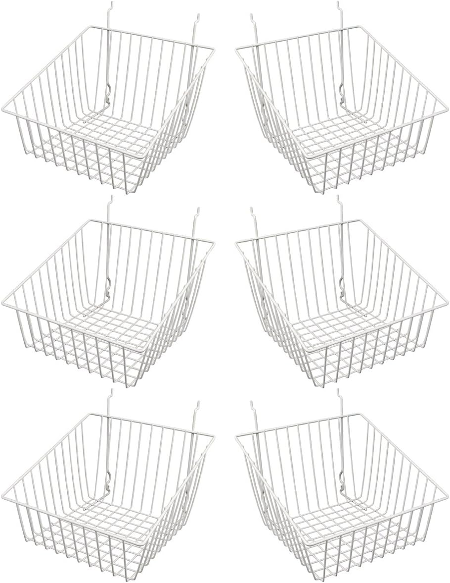 EconocoWhite Multi-Fit Sloped Front Wire Basket for Slatwall, Pegboard or Gridwall (Set of 6) Metal Semi-Gloss Basket, White