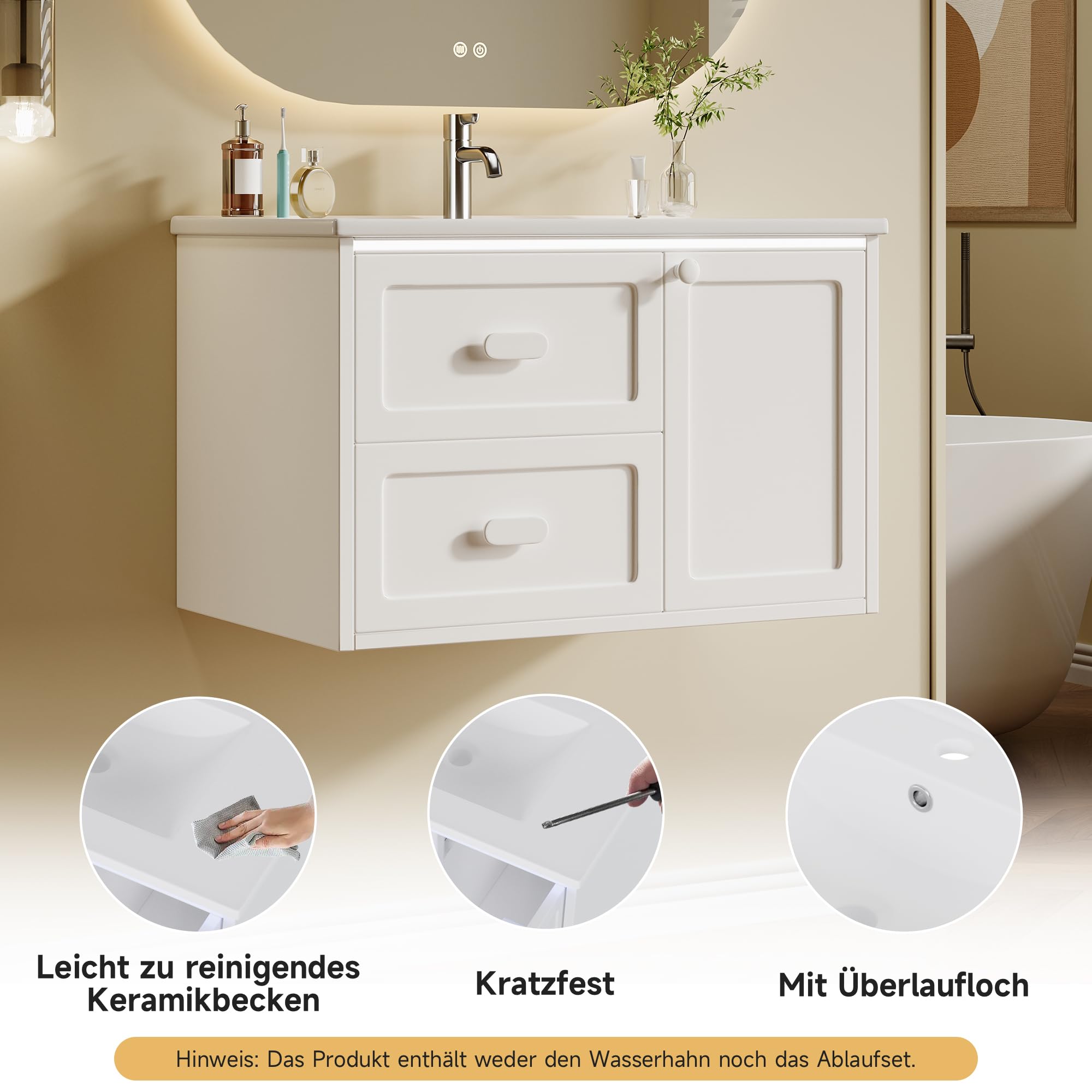 BTM Waschbeckenunterschrank Hängend Badezimmerunterschrank Waschbecken mit Schubladen & LED-Radar Weiß