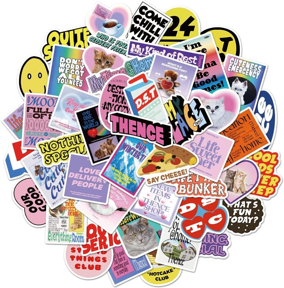 SidmrrcyVintage Cat, Dog & Life Vibe Stickers of 47 Vinyl Decal Merchandise Laptop Pink & Purple Stickers for Laptops, Computers, Hydro Flasks, Skateboard and Travel Case