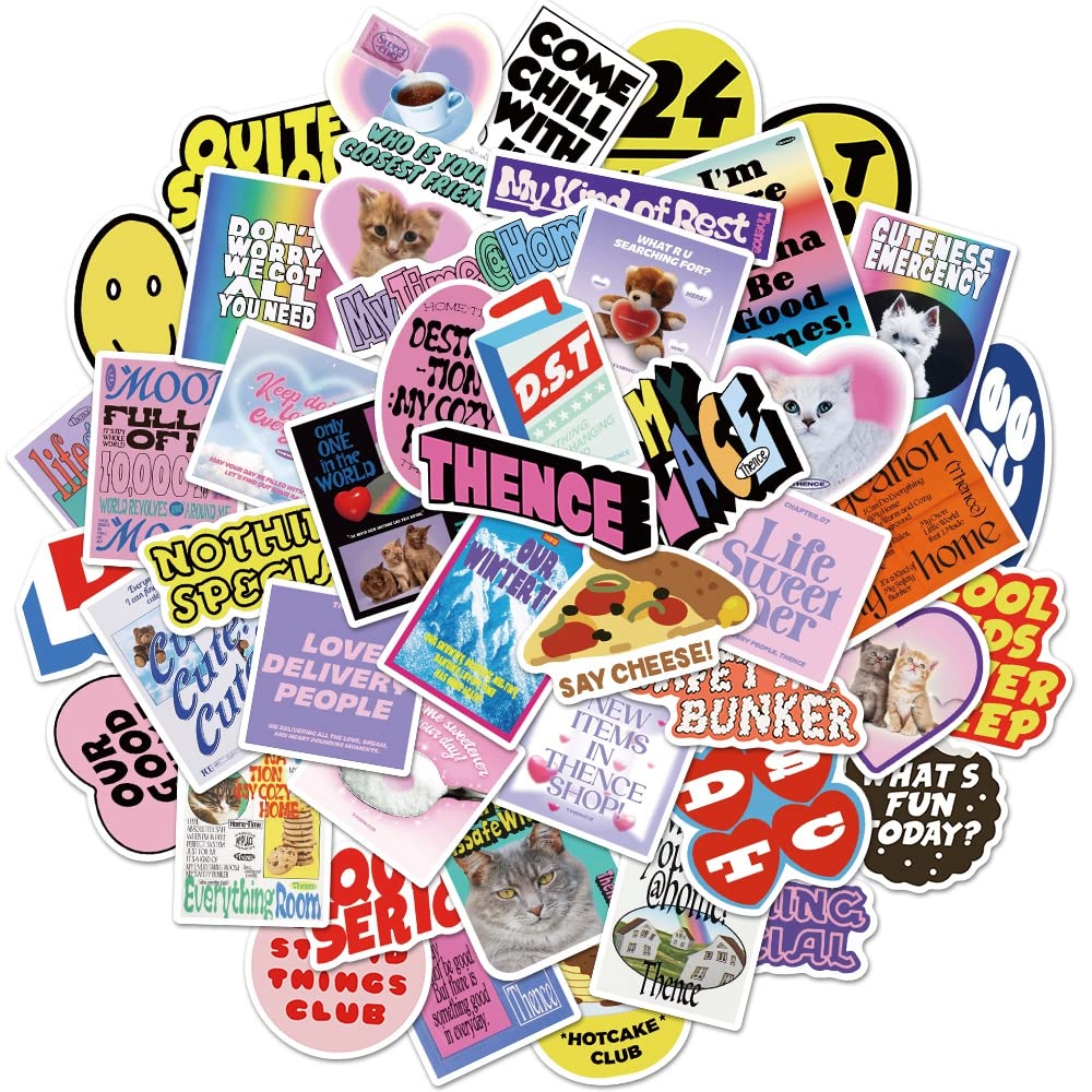 SidmrrcyVintage Cat, Dog & Life Vibe Stickers of 47 Vinyl Decal Merchandise Laptop Pink & Purple Stickers for Laptops, Computers, Hydro Flasks, Skateboard and Travel Case