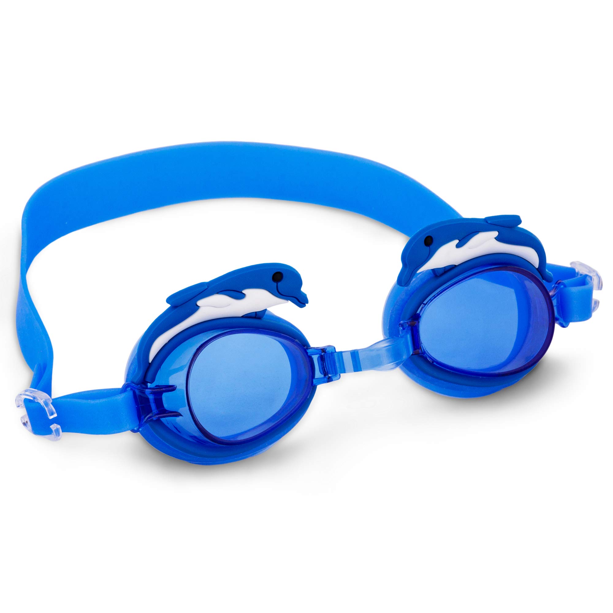 Dolphin Kids Goggles with Case | Swimming Eyewear, UV Protection & Anti-fog Lenses for Boys & Girls | Polycarbonate Lenses, Silicone Strap, Adjustable Nose Bridge | Recreation, Pool & Beach Use (Blue)