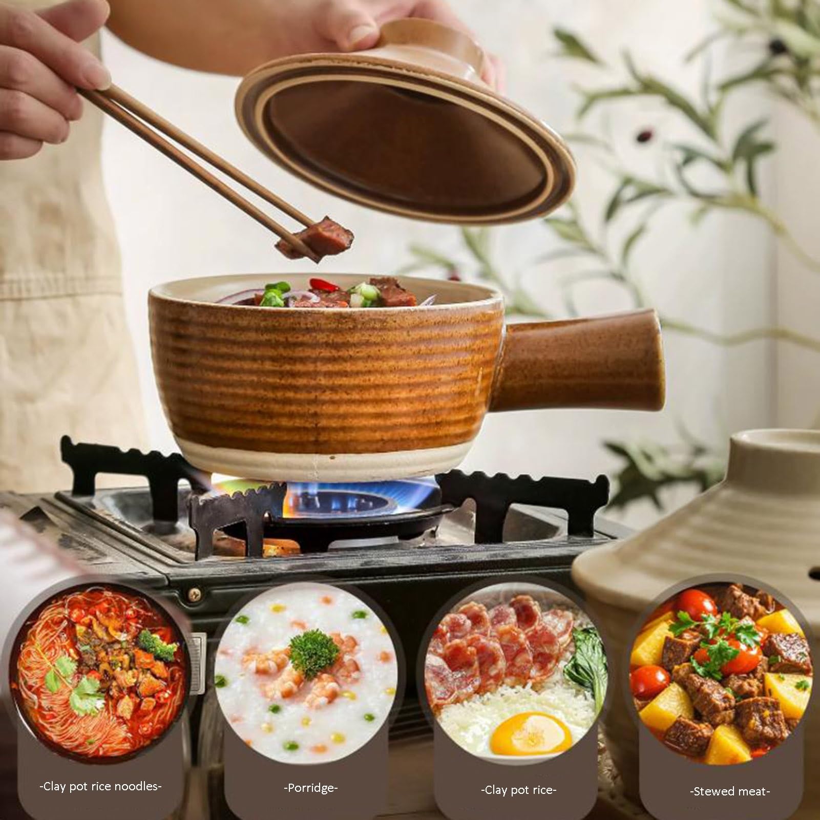 Olla de barro un solo mango con tapa | Escenario de uso: for arroz, gachas, guisos, sopas