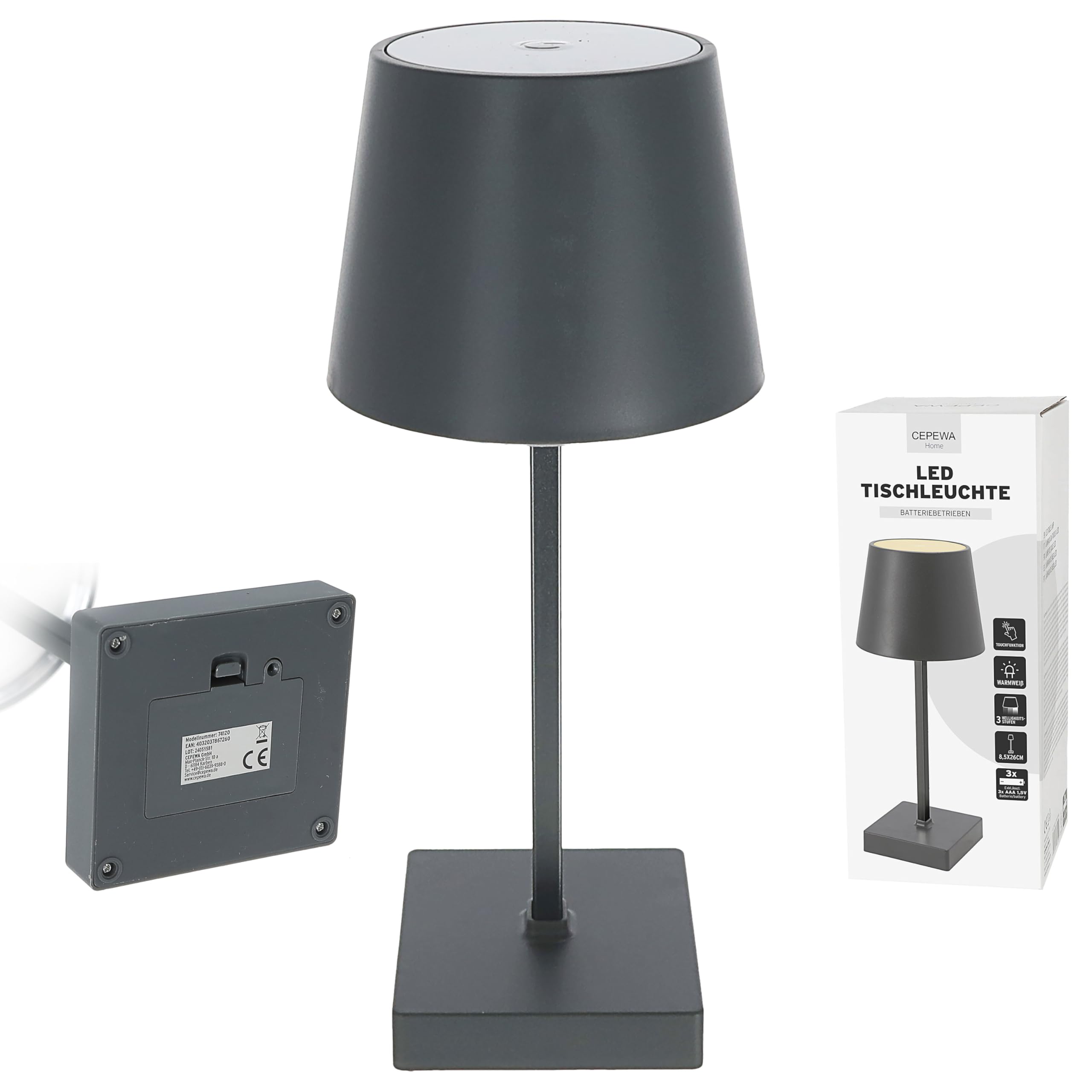 Cepewa LED Table Lamp | Anthracite 17 LEDs 8.5 x 26 cm ABS PS | Touch Function Battery Operated Warm White | 3 Brightness Levels 25 Lumen (1 x Table Lamp Anthracite 26 cm Battery) โ image 1