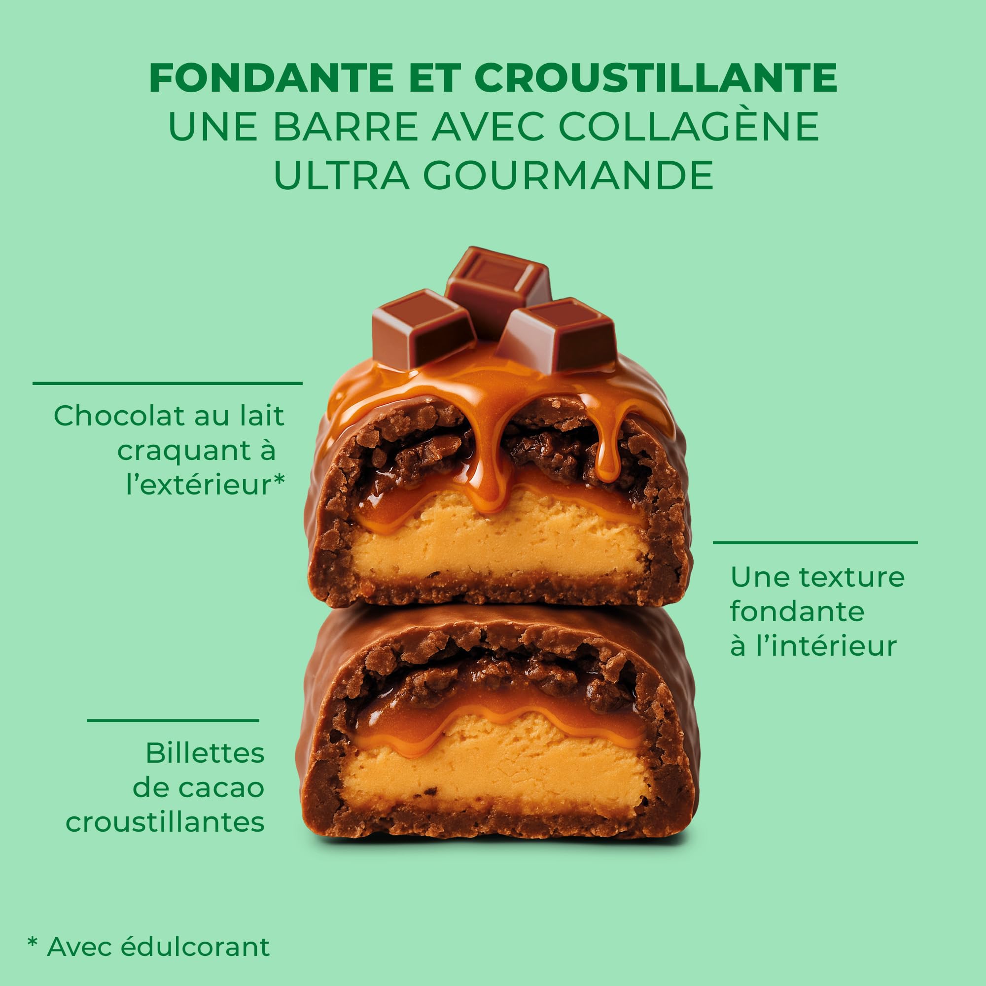 ZOHI - Barre avec Collagène saveur Chocolat et Caramel - Riche en Protéines et Moins de 2g de Sucres - Enrobée de Chocolat au Lait et Billettes Croustillantes - 50g (Pack de 12)