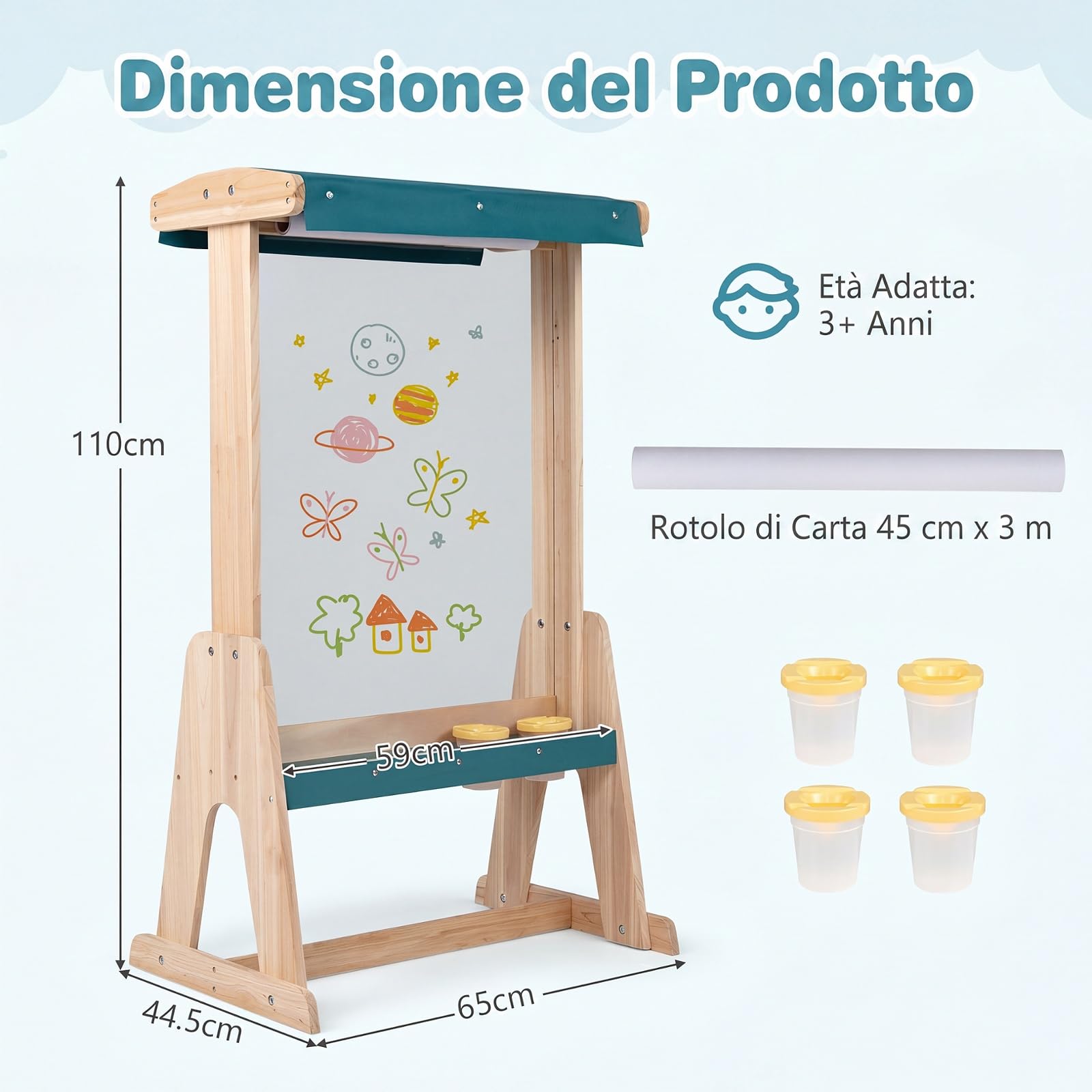 COSTWAY Cavalletto in Legn per Bambini da Esterno, 3 Anni+ | Cavalletto Pittura con Tettoia Parasole, Pannello Trasparente, Rotolo di Carta e 4 Tazze per Colori, 65 x 44,5 x 110 cm