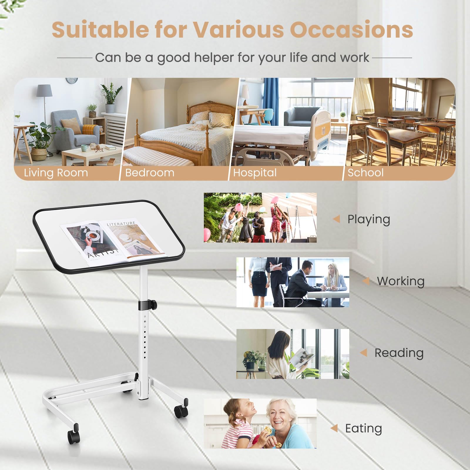 LIFEZEAL Table d'Appoint avec roulettes, Table de Lit Réglable en Hauteur, Bureau Assis Debout Rotative à 180°, Table pour Ordinateur Portable, 61 x 40,5 CM, Blanc