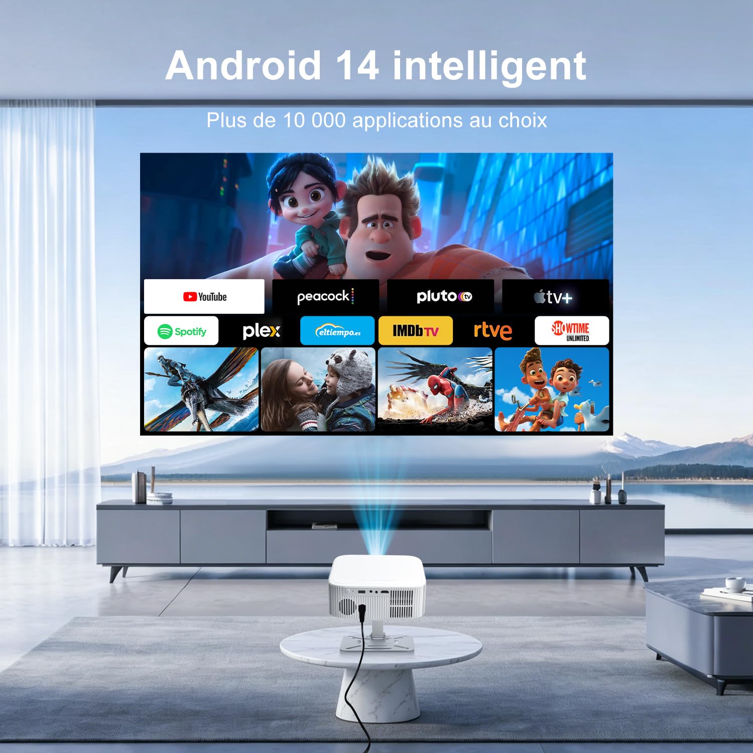 Salange Vidéoprojecteur, 1080P natif Prend en Charge Le 4K, Intelligent Android 14 Projecteur avec WiFi 6 et Bluetooth 5.4 Mise au Point électronique & Correction Automatique Utilisation en Un clic