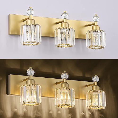 Miniatura 6 de PRESDE Lámpara de tocador de 3 luces de cristal para baño, lámparas de baño doradas sobre espejo, lámpara moderna de pared