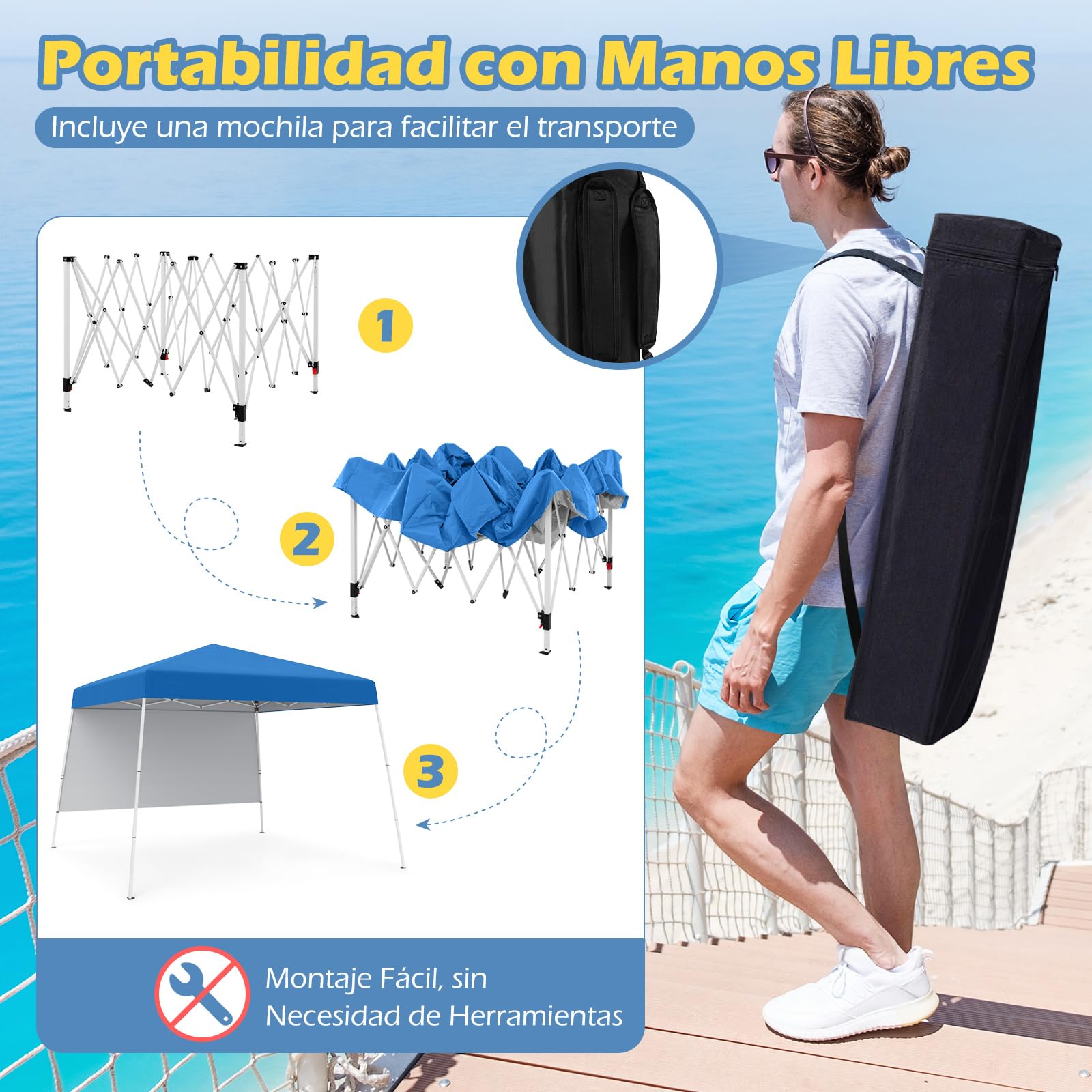 COSTWAY Carpa Plegable 3x3m, Pop up, cenadores para Jardin con 1 Pared Lateral, Bolsa de Transporte, Protección Solar, Pergolas de Jardin Exterior Camping, Playa (Azul)