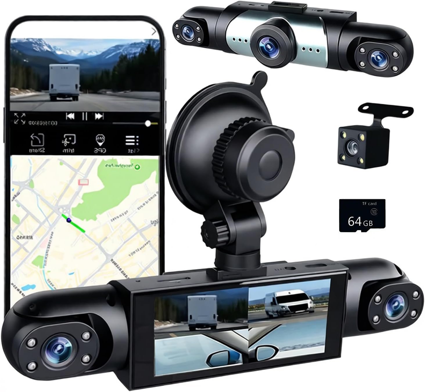 4 Channel Dash Cam 360° View, 1080P Front and Rear Inside, Left Right Dash Camera for Cars, Night Vision, WiFi & APP Control, G-Sensor, Loop Recording with 64GB SD Card (Y108WiFi+64G)
