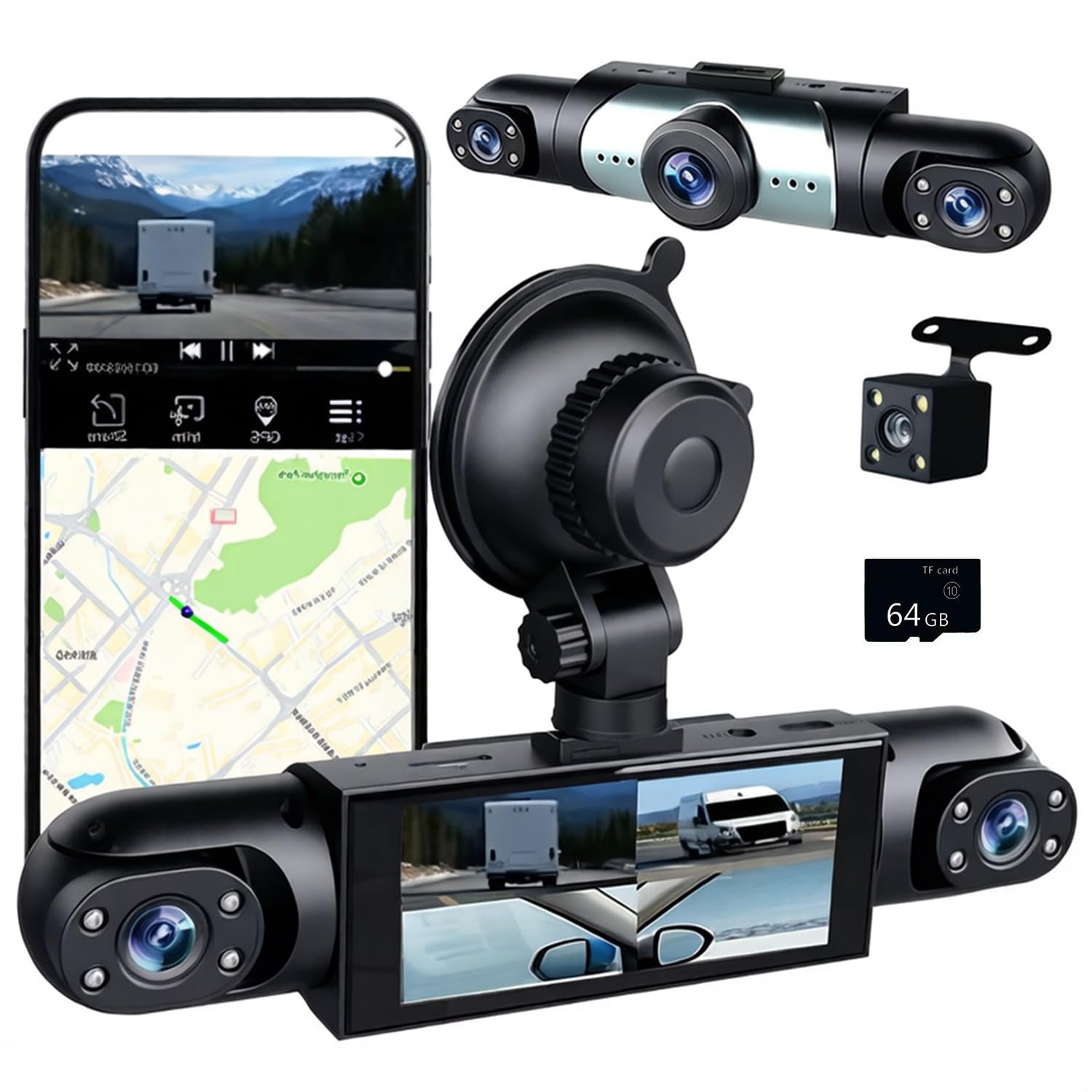 Photo 1 of 4 Channel Dash Cam 360° View, 1080P Front and Rear Inside, Left Right Dash Camera for Cars, Night Vision, WiFi & APP Control, G-Sensor, Loop Recording with 64GB SD Card (Y108WiFi+64G)