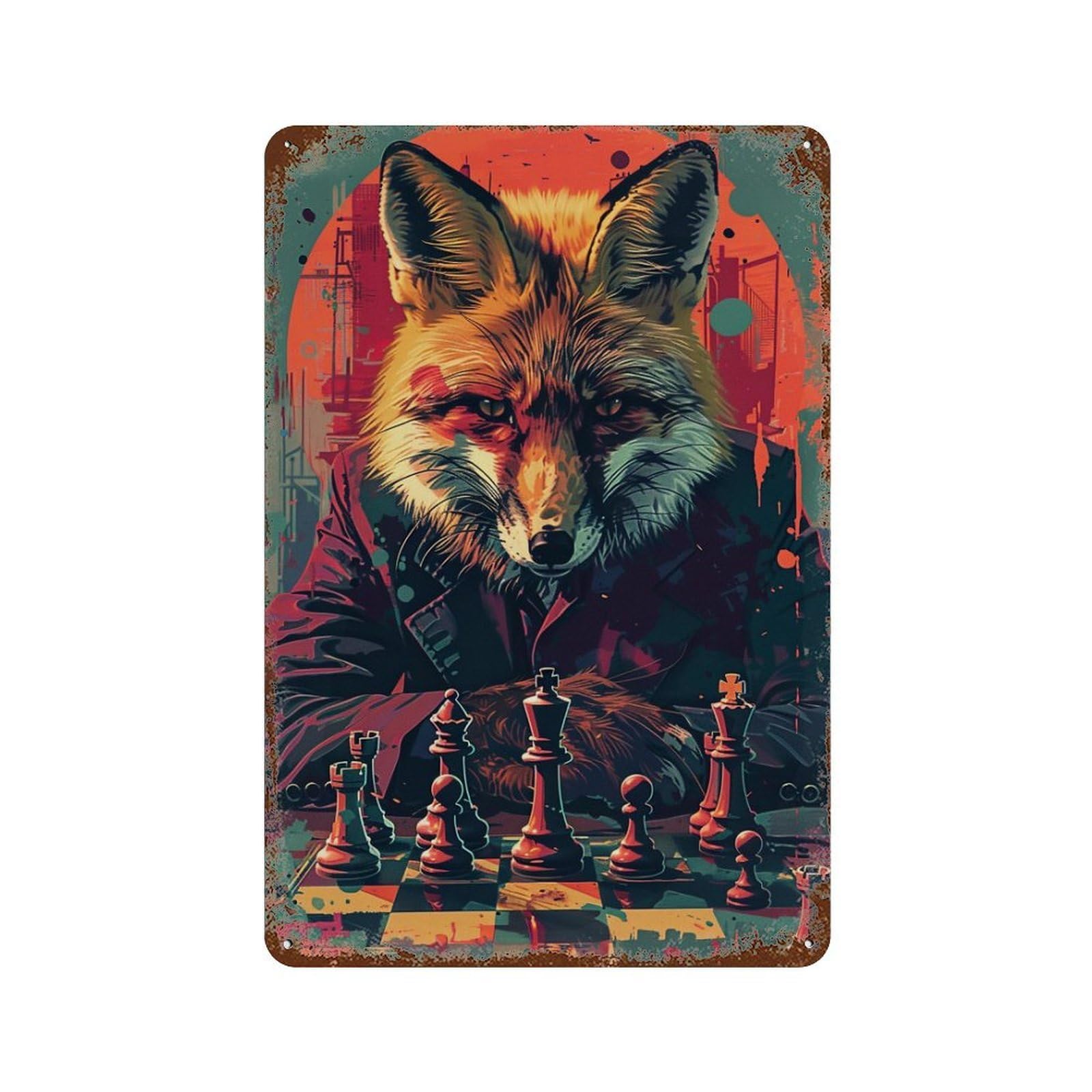 Vintage Rust Metal Sign with Fox Master Chess Game Art Print Design 11.8"x7.9", for Shed, Workshop And Garage Wall Decor, Retro Wall Decor