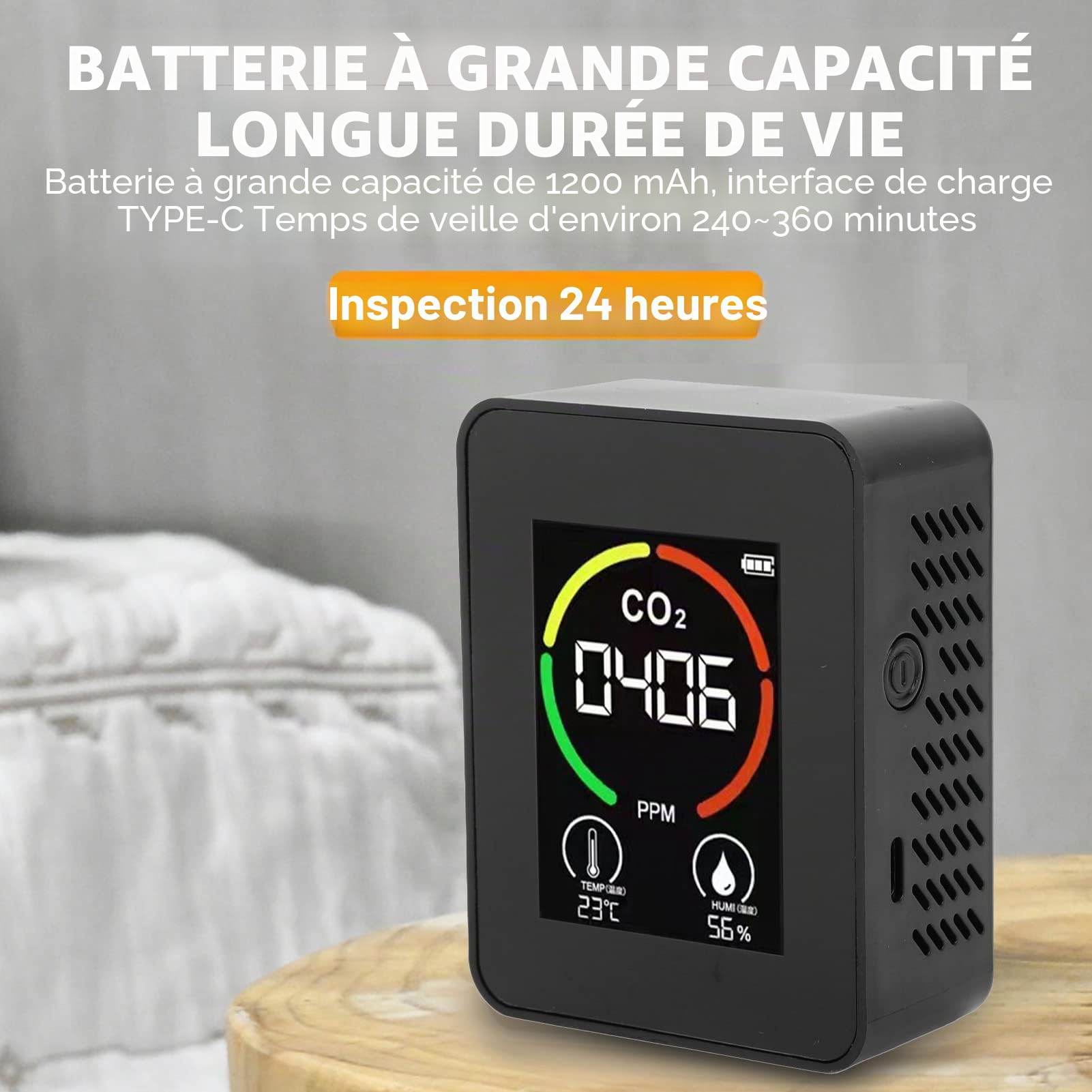 Détecteur de CO2, Testeur TVOC USB Détecteur de CO2 Intérieur Moniteur de qualité de L'air Testeur Thermomètre Hygromètre pour la Maison