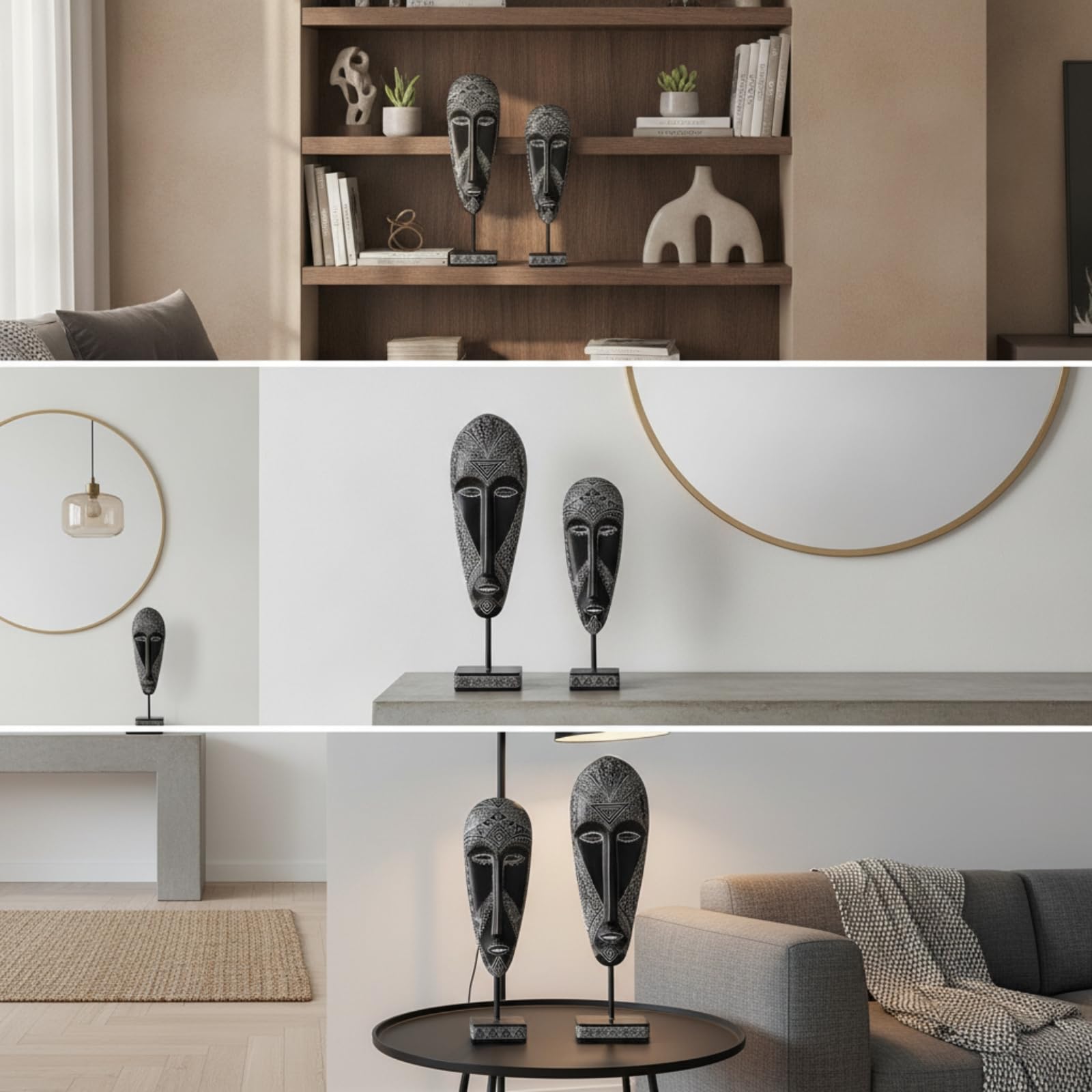 Scultura Decorativa Maschera Allungata in Resina con Disegni Geometrici E Punteggiati su Asta E Base Rettangolare Adatta per Consolle Tavolo Ingresso Ufficio Libreria