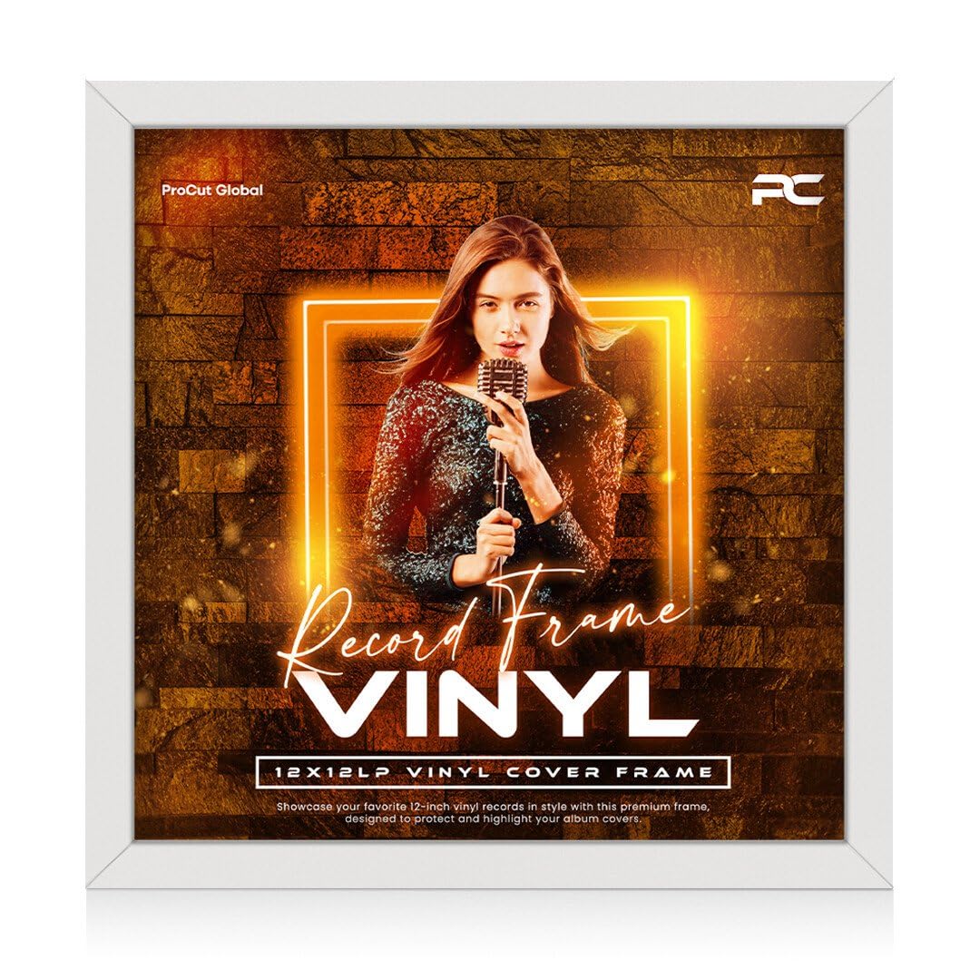 Procut Global 12X12" White Vinyl Record Frame for LP Album Covers - Display Photo & Picture Frames - Engineered Wood, Shatterproof Perspex Front - Modern CD Display for Music Lovers