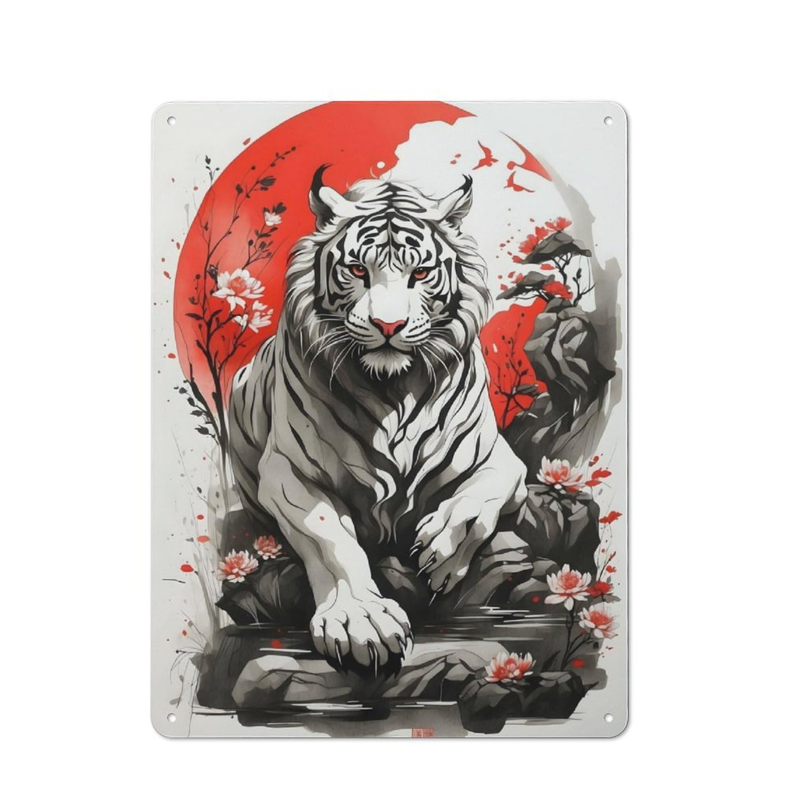 Junmoney Japan Ink White Tiger Vintage Tin Sign 40X30cm With For Guest Room Or Hallway, For Collectors Decorating Guest Rooms And Hallways