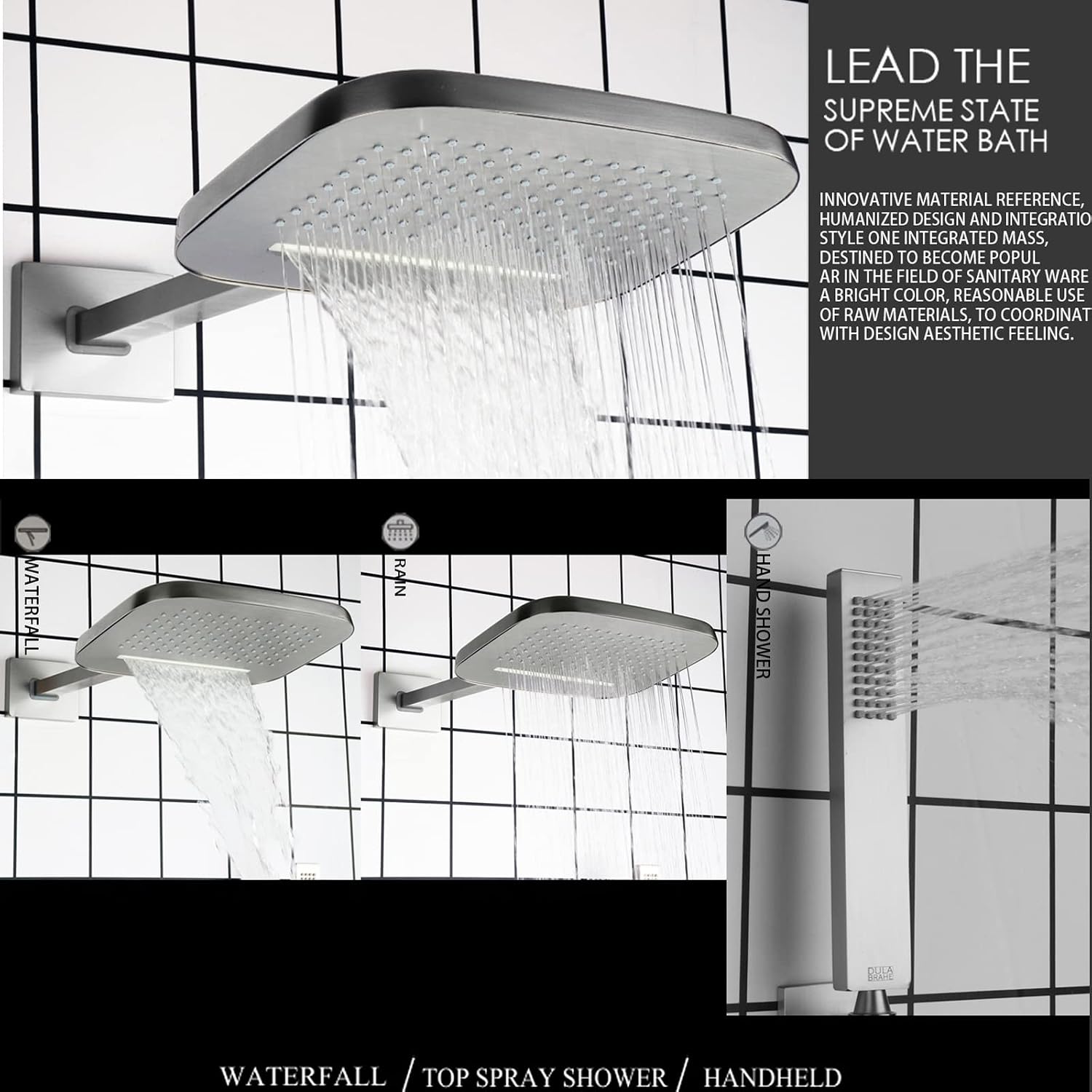 Brushed Waterfall Rain Shower Head With Handheld Spray Wall Mounted Brass 8X10 Inch Rainfall Showers System Massage Spa Body Combo Set