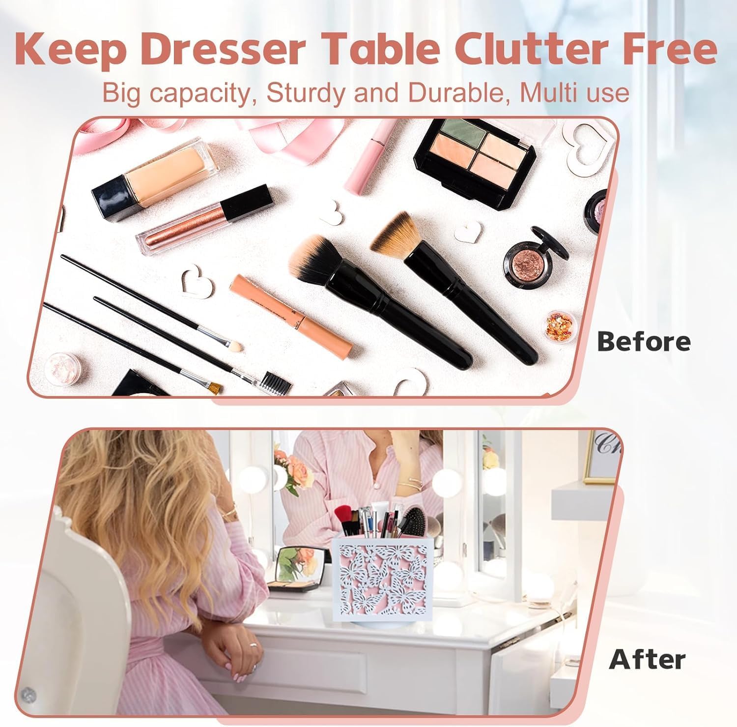 360 Rotating Makeup Brush Holder with Butterfly Cutout, Pink Makeup Brush Organizer for Vanity - 4 Compartment Spinning Wooden Desk Organizer for Pens, Lipsticks, Eyebrow Pencils