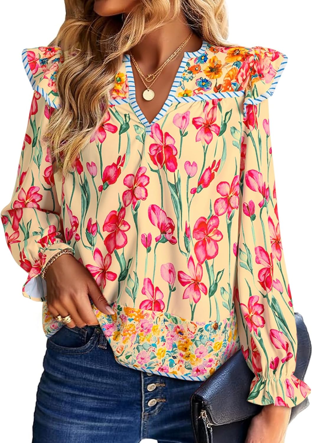 SHEWIN Women's Blouses Split V Neck Mixed Floral Print Long Sleeve Chiffon Fall Tops Striped Trim Shirts - Image 4