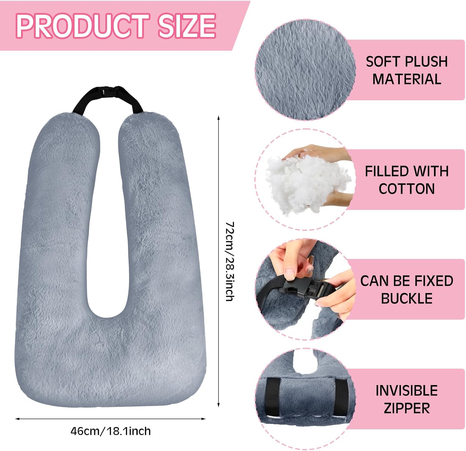 Barydat 2 Pcs Car Travel Pillow for The Back Seat 28 x 18 in Sleeping Reading Pillows for Long Distance Travel Car Cushion for Kids Adults Head and Body Support U Shaped Pad for Travel(Gray, Pink)