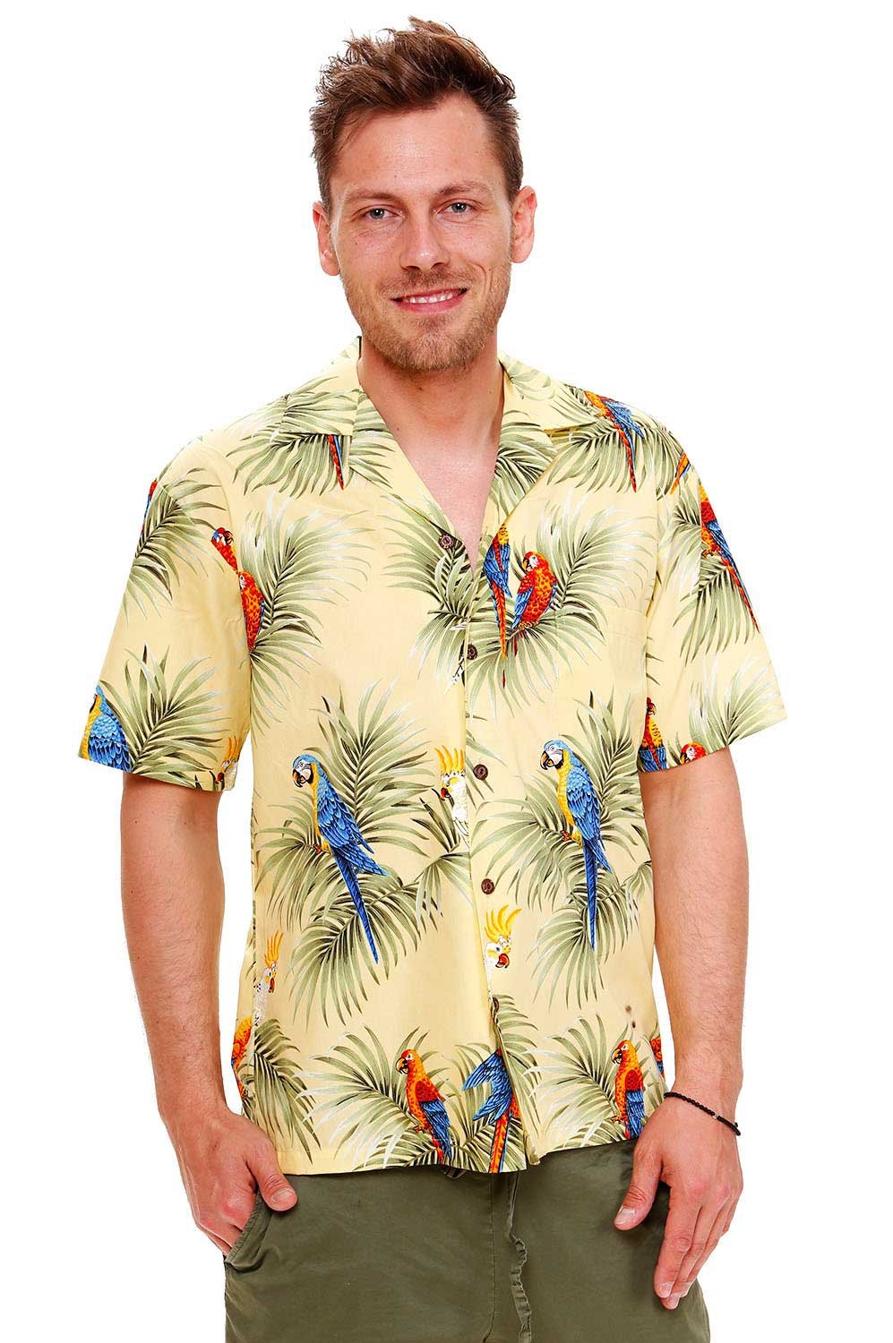 KY‘s | Original Camicia Hawaiana | Signori | S - 6XL | Maniche Corte | Tasca Frontale | Hawaii Stampa | Pappagallo | giallo