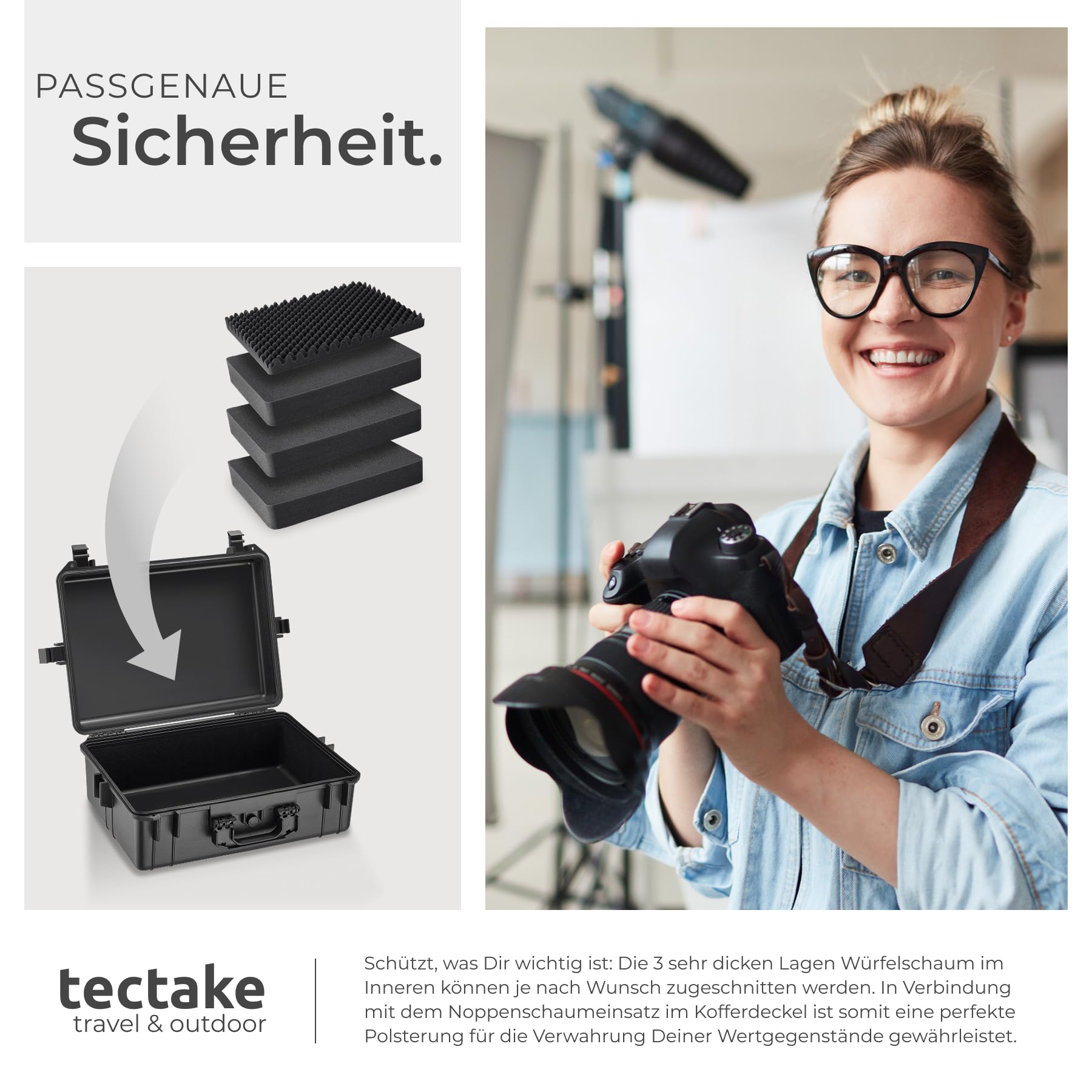 tectake® Kamerakoffer, Universalkoffer, Outdoor Box wasserdicht als Transportkoffer, Hardcase zur Lagerung von Kamera, Beamer klein, Foto Aufbewahrungsbox, LxBxH: 56 x 42 x 21 cm