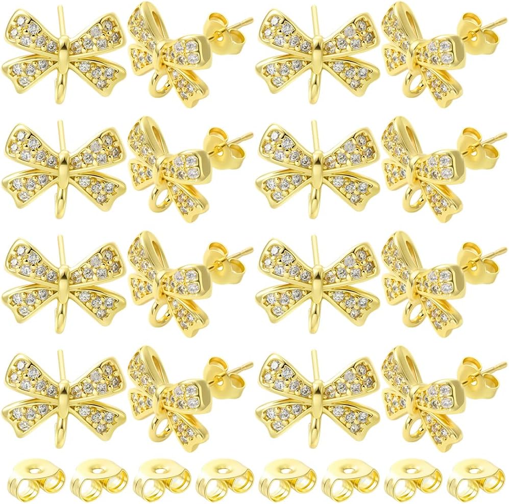 SUNNYCLUE 1 Box 10 Sets Real 18K Gold Plated Bow Earring Posts with Loop Elegant Shiny Bowknot Cubic Zirconia Rhinestone Stud Earring Findings for Jewelry Making Accessories Women Adult DIY Crafts