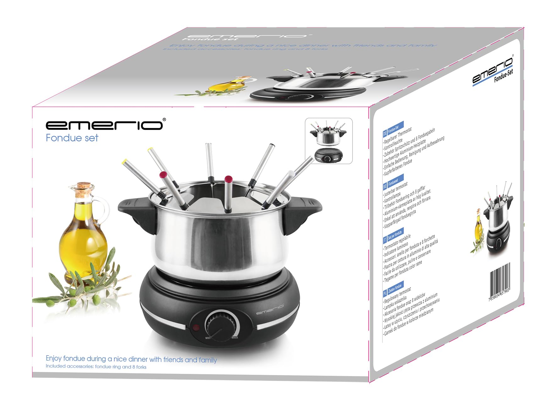 Emerio elektrisches Fondue Set für bis zu 8 Personen | nutzbar als Öl-, Brühe-, Schoko oder Käse-Fondue | inkl. 8 Fonduegabeln | stufenloser Thermostat | Edelstahltopf mit Spritzschutz | 1500 Watt
