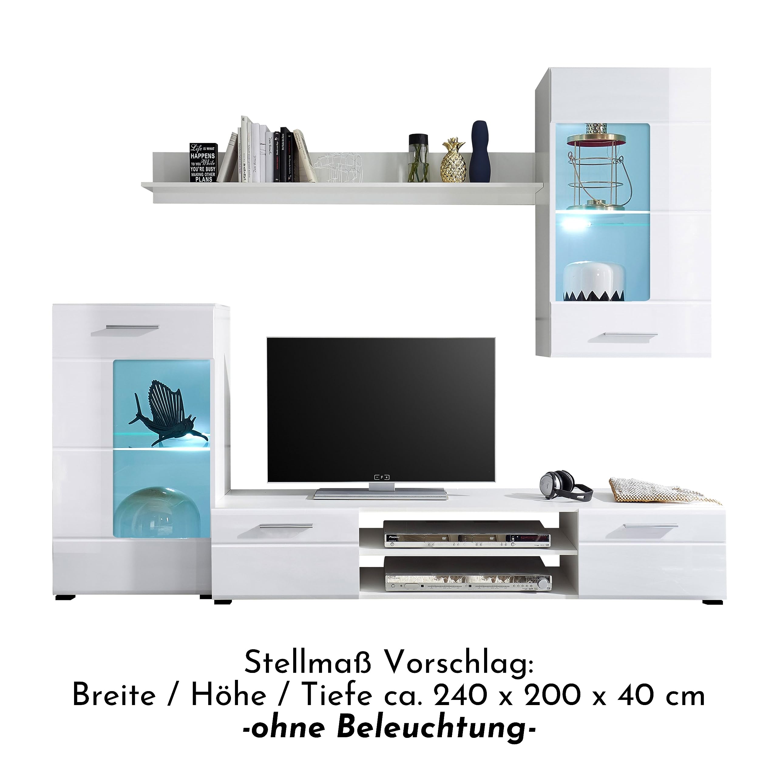 SHOT Wohnwand Komplett-Set in Weiß Hochglanz - Moderne Schrankwand mit viel Stauraum für Ihr Wohnzimmer - 230 x 190 x 40 cm (B/H/T)