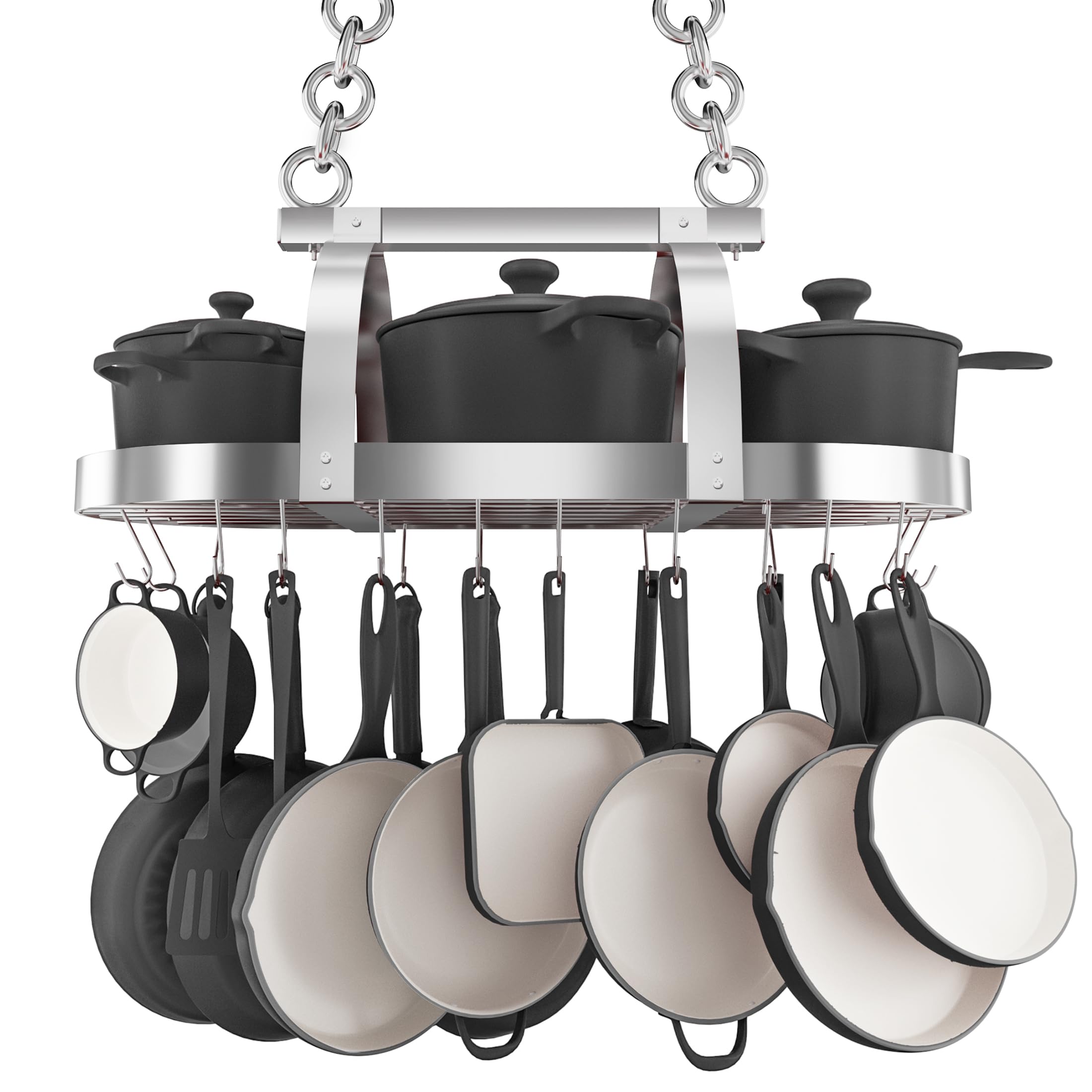 KES KUR221S85-CH - Soporte de techo cromado resistente de 86 cm, estante ovalado para colgar ollas y sartenes, organizador de almacenamiento de cocina con 20 ganchos en S (para vigas de techo de 16 y