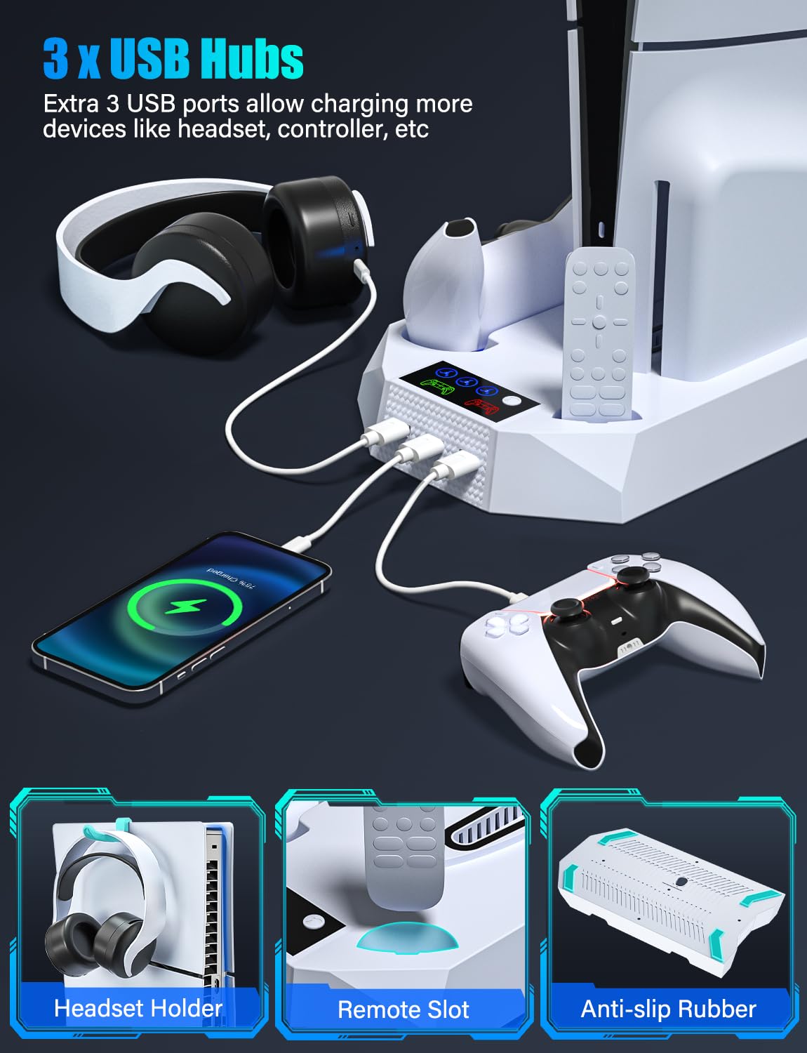 PS5 smukły stojak ze stacją chłodzącą do PS5 i PS5 Slim Console Disc/Digital Edition, stacja chłodząca PlayStation 5 z podwójną ładowarką kontrolera PS5, 3 poziomy wentylatora chłodzącego, 3