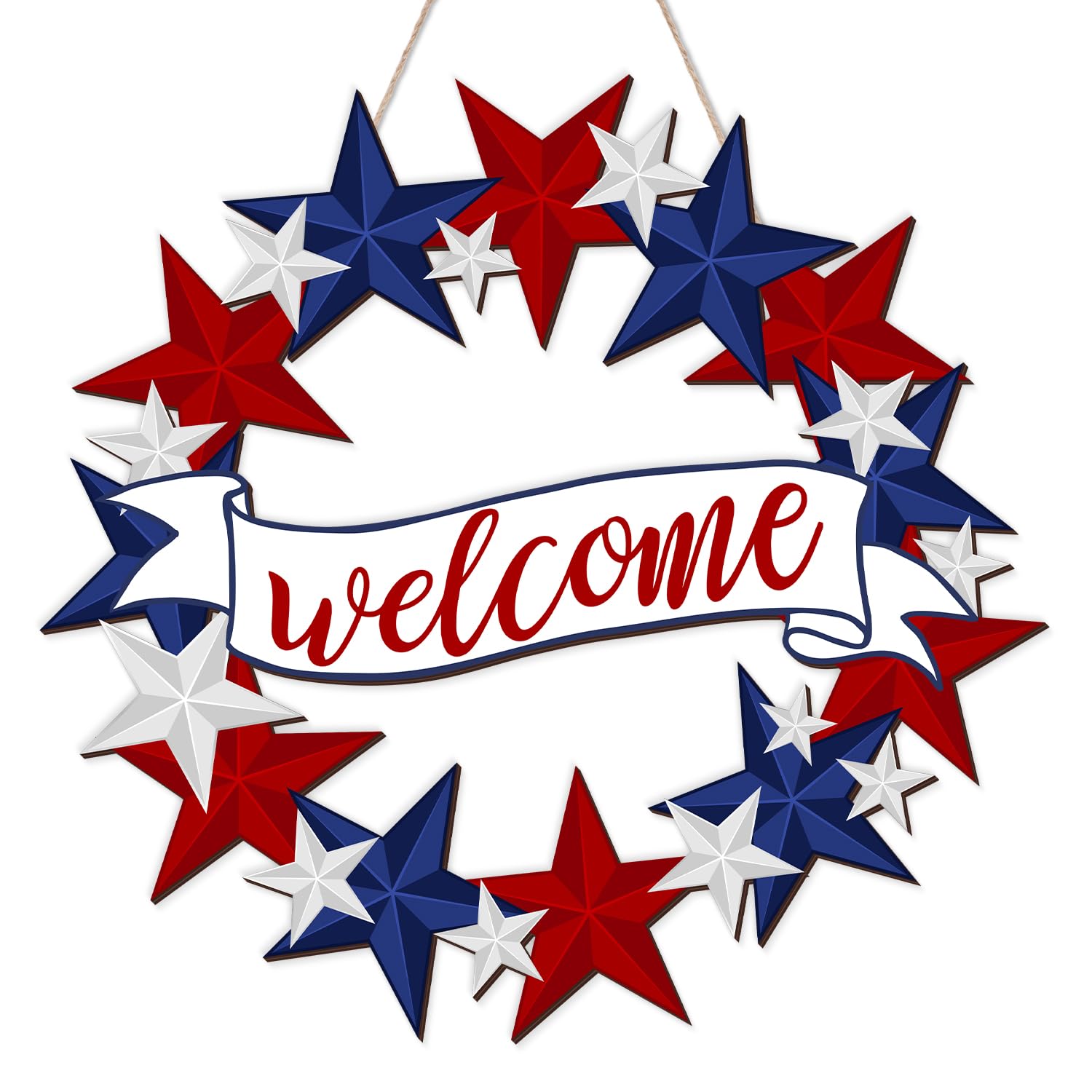 Arosche 4th of July Decorations Hanging Door Sign Patriotic Memorial Day Wooden Door Sign Red White and Blue Star Welcome Wreath for Fourth of July