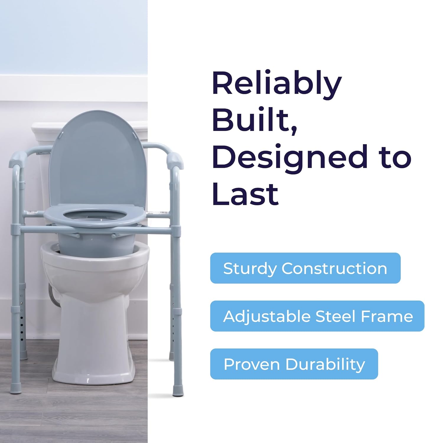 Drive Medical Folding Steel Bedside Commode Chair - Portable 3-in-1 Toilet Solution - Adjustable Height - 7.5 Qt Bucket Included - Durable Powder-Coated Steel Frame - Supports up to 350 Lb