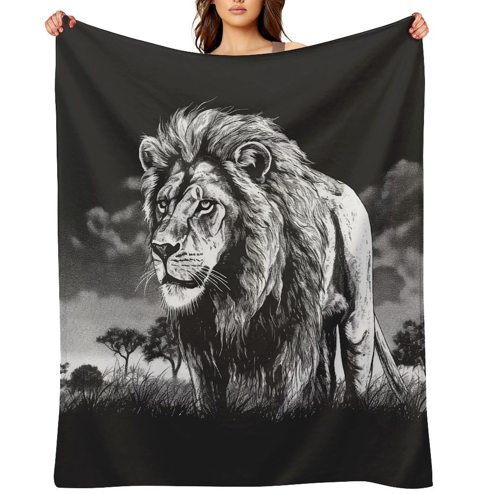 Lion Black and White Illustration Throw Blanket for Couch and Bed Super Soft Warm Lightweight Throw Blankets Cozy Fuzzy Flannel Blanket Personalized Decorative Blankets for Sofa Decor 40"x50"