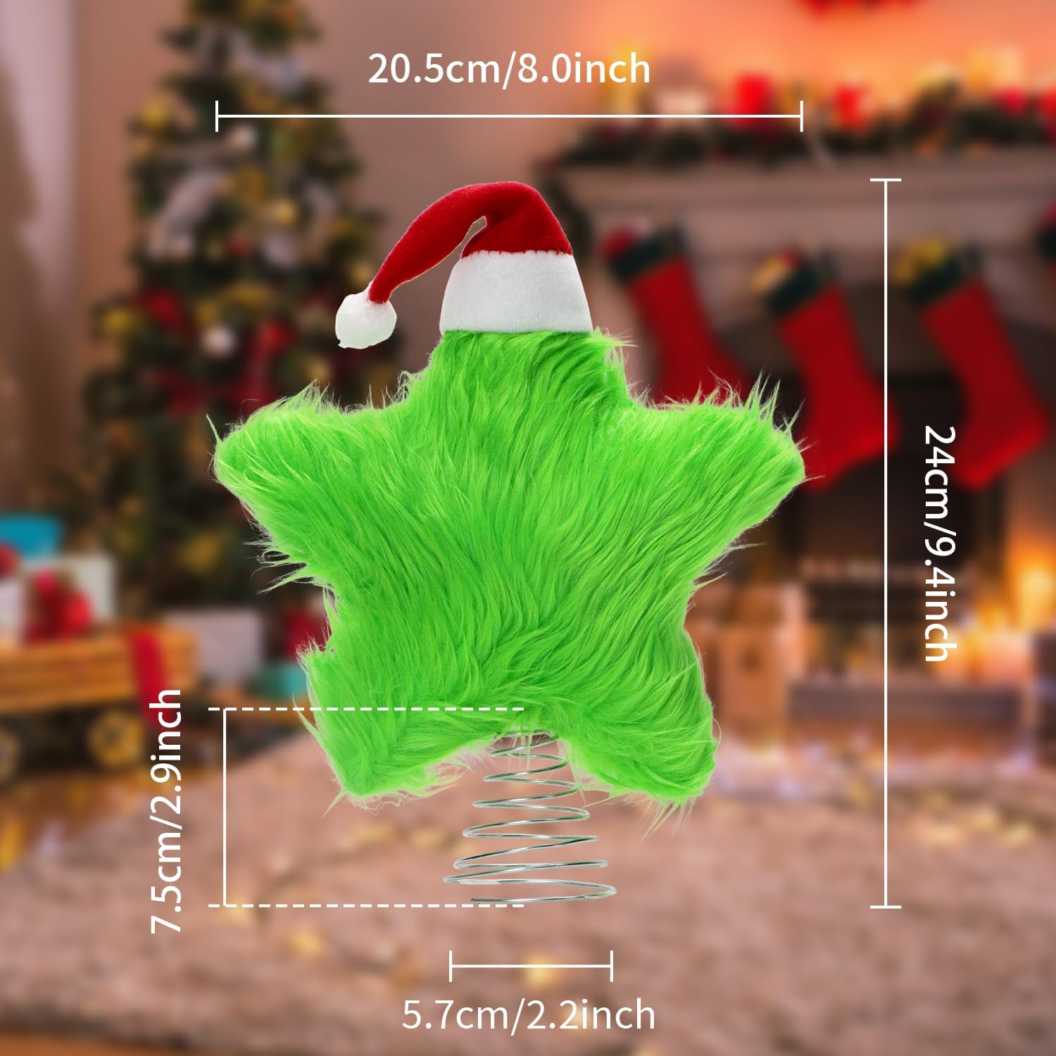 Plush Star Tree Topper with Santa Hat Furry Star Treetop Christmas Tree Toppers Ornaments Xmas Home Holiday Decoration 9 (Green)