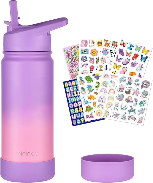 Mininoo Filles Filles Bouteille d'eau pour l'école, 16oz Bouteille d'eau isolée en acier inoxydable avec goujon de paille (putte/puits)