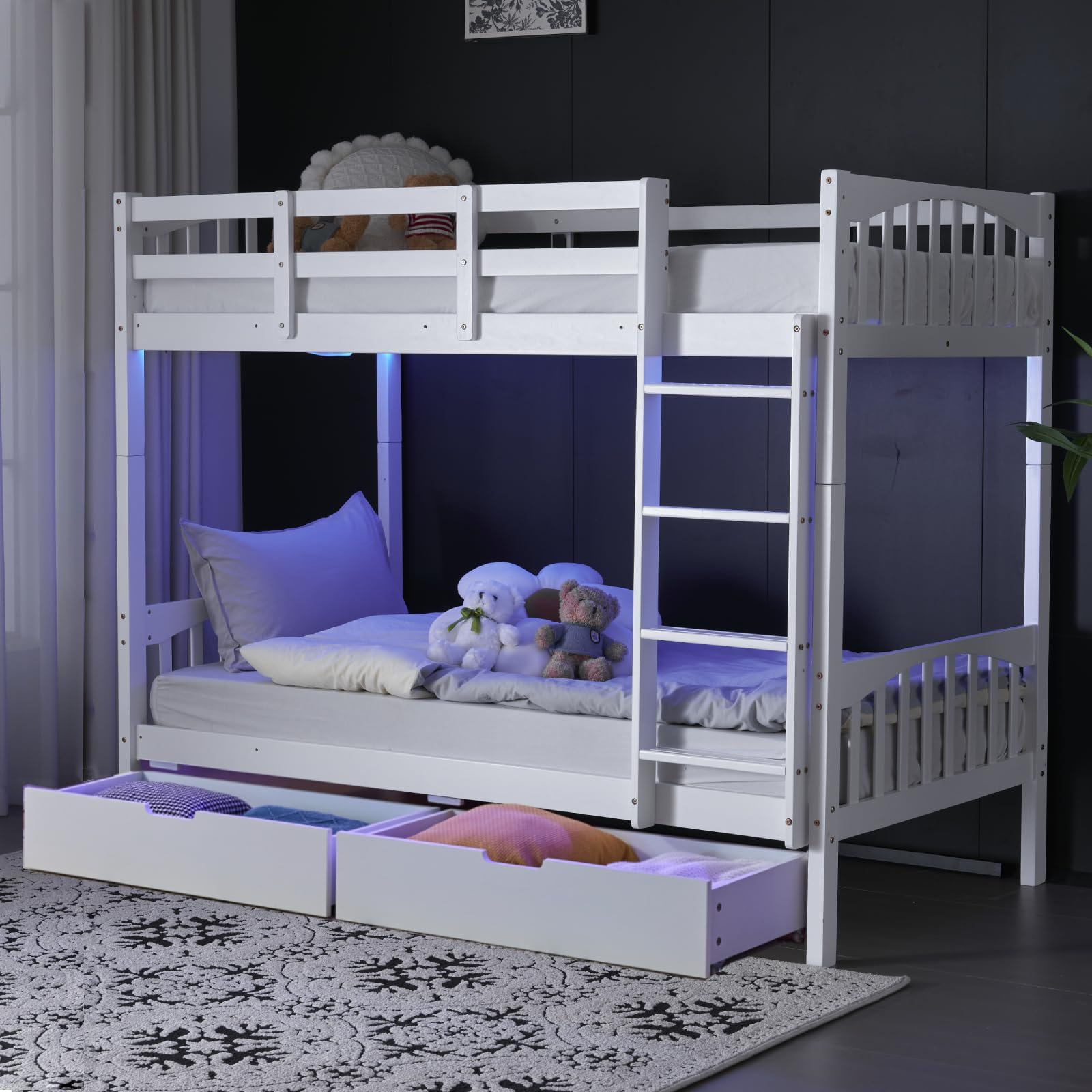 VINGLI Solid Wood Bunk Bed Twin with 2 Storage Drawers/RGB LED/Charging Station, Twin Over Twin Wooden Bed Frame with 15 inches High Safety Guardrail and Ladders for Kids, White