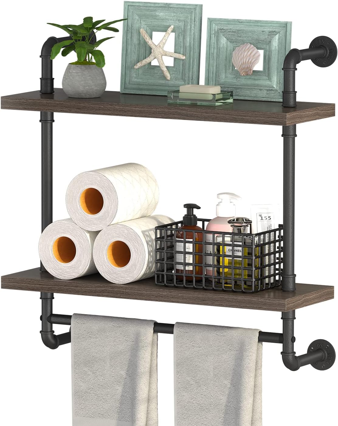 Helsin 2 Tier Wood Floating Shelves Towel Rack, Industrial Pipe Bathroom Shelves Wall Mounted with Towel bar, Wall Display Storage Shelf for Home & Bathroom Decor (Gray, 24inch) Grey 24inch