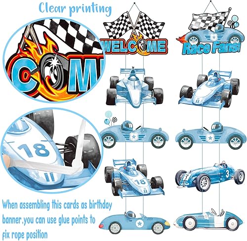 Miniatura 5 de Letrero de porche de carreras de autos de carreras, decoración de cumpleaños de carreras, autos de carreras azules, pancartas recortadas para colgar