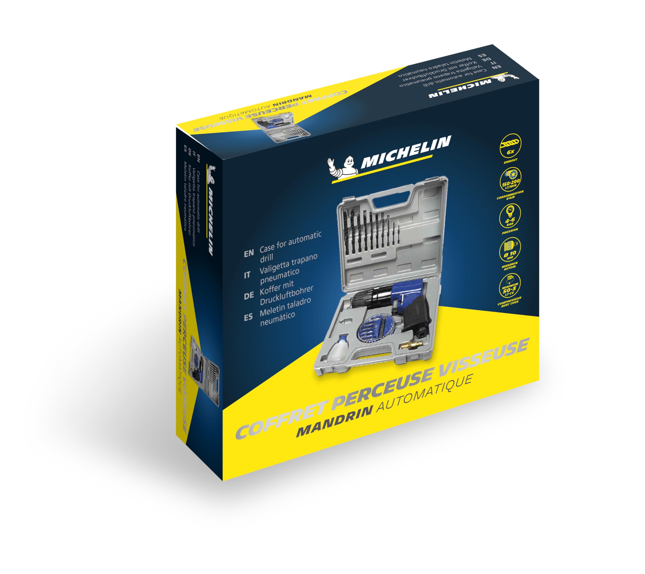 MICHELIN - Set di trapani pneumatici - 10 punte per trapani - 6 punte per cacciaviti - Mandrino autoserrante - Bottiglia d'olio - Consumo d'aria : 170 l/min - Pressione massima : 6 bar