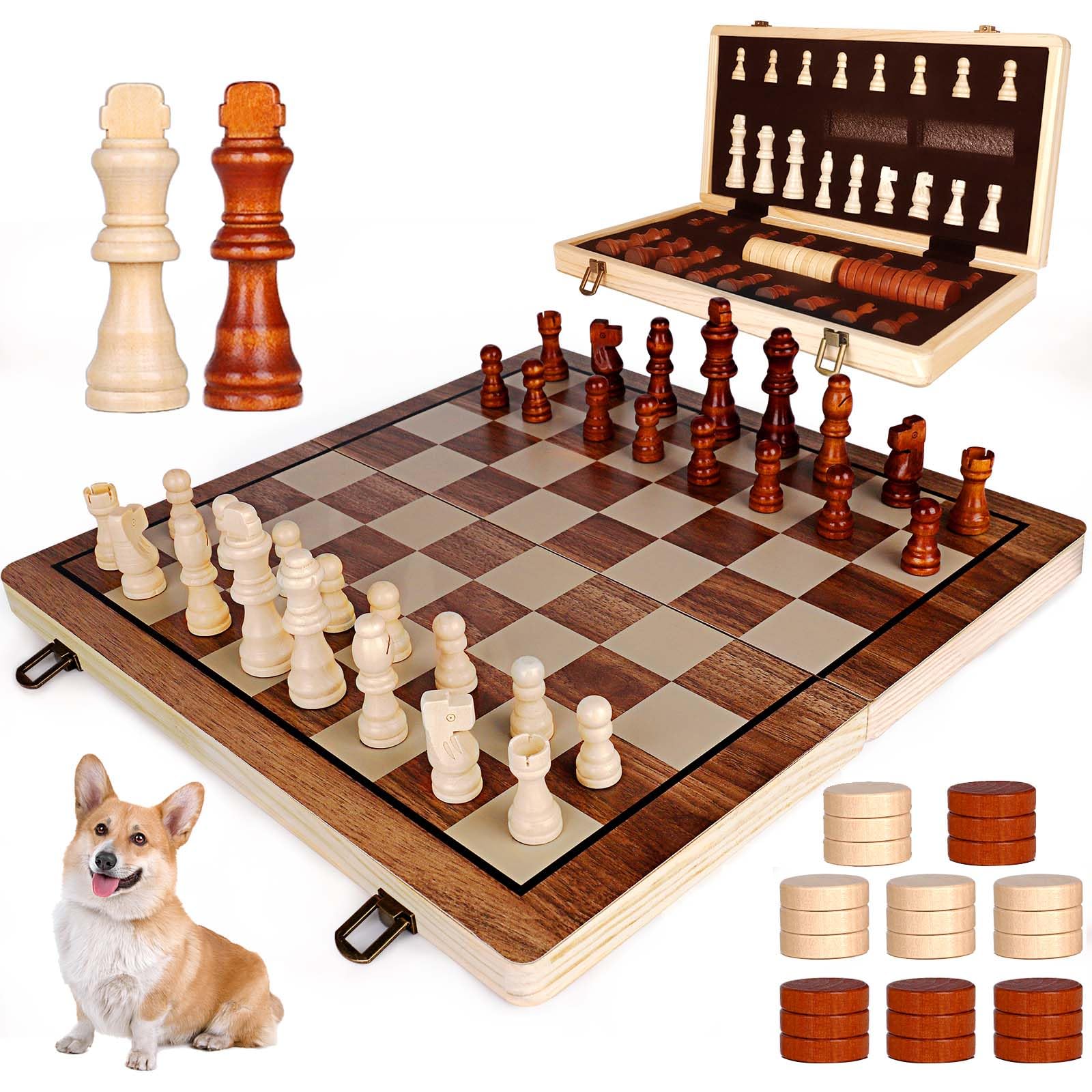 Demiwise 15" Wooden Chess Sets-Chess & Checkers Board Game for Adults and Kids with Extra Queen Pieces (No Magnetic)