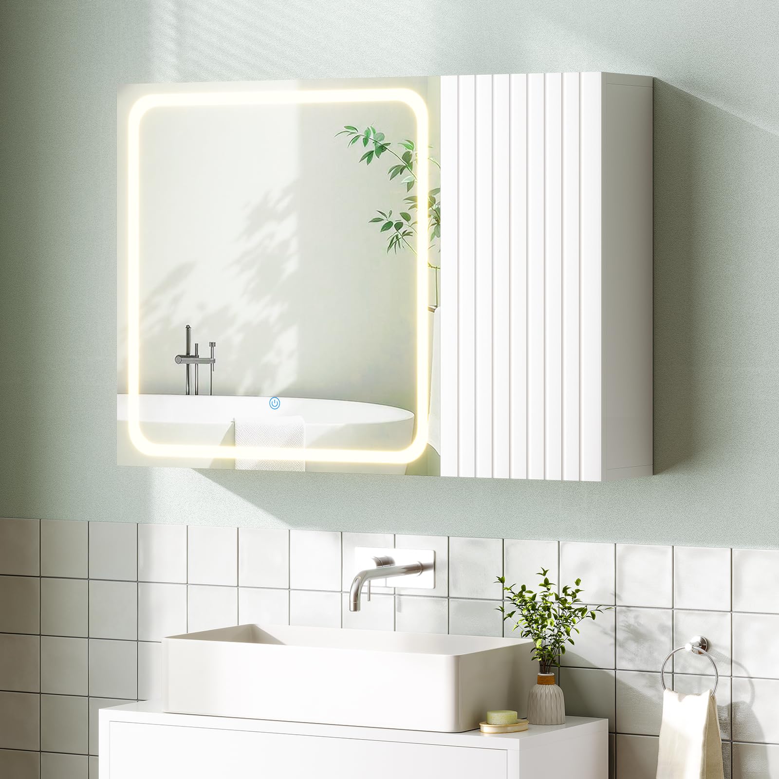 Armoire Murale Salle de Bain avec Éclairage LED et Miroir HD, Armoire de Toilette avec Étagères Réglables, 3 Températures + Intensité Réglable, Meuble de Salle de Bain, Blanc 16 x 60 x 80 cm