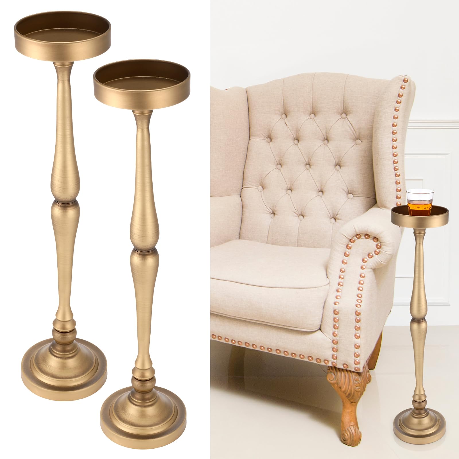 CroBlissful 2 Pcs Round Martini Drink Table for Small Spaces Nightstand Living Room Bedroom Side Table Drink Stand Cocktail Table Pedestal End Table Vintage Metal Decor, 5.74x5.74x25.98'' (Brass)