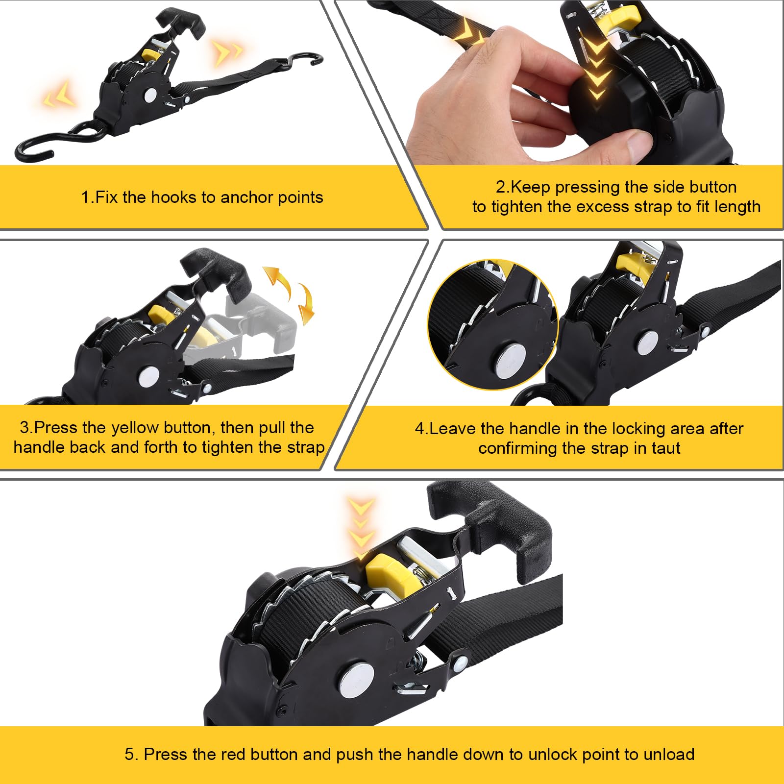 Correas de amarre de trinquete de retracción automática para transporte de carga