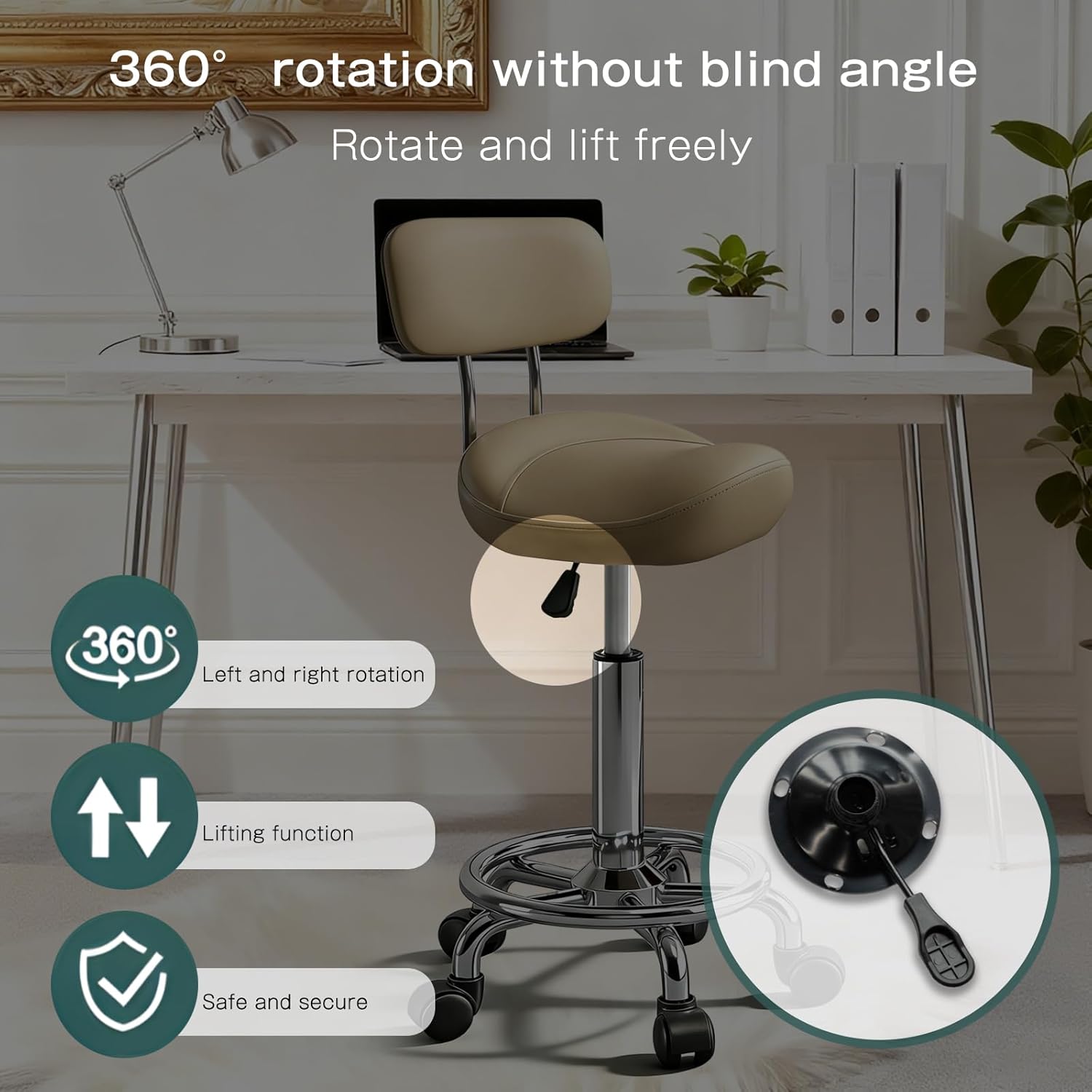 Saddle Stool with Back and Ring Pedal, Adjustable Hydraulic Rolling Chair with Wheels for Salon, Spa, Medical, Massage & Drafting Use Khaki