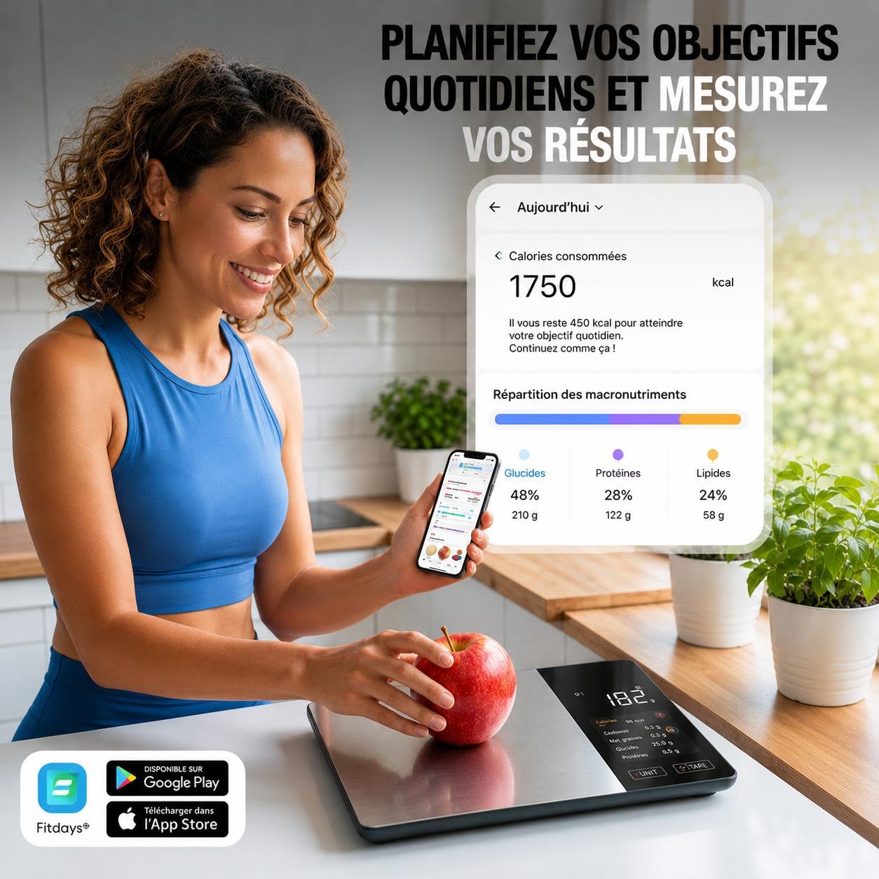 Balance Cuisine Alimentaire Calcul Calories Protéines Glucides Lipide | Balance de Cuisine Nutritionnelle Précision 1g | Écran TFT Couleur, 50+ Aliments Intégrés, App Fitdays+ iOS/Android